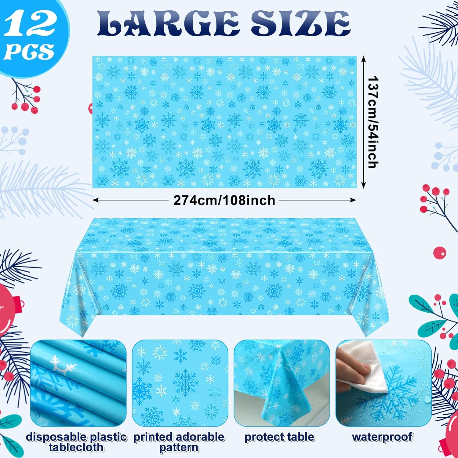 Ganeen 12 manteles desechables de plástico de invierno con copos de nieve azules y copos de nieve, mantel rectangular de 54 x 108 pulgadas para