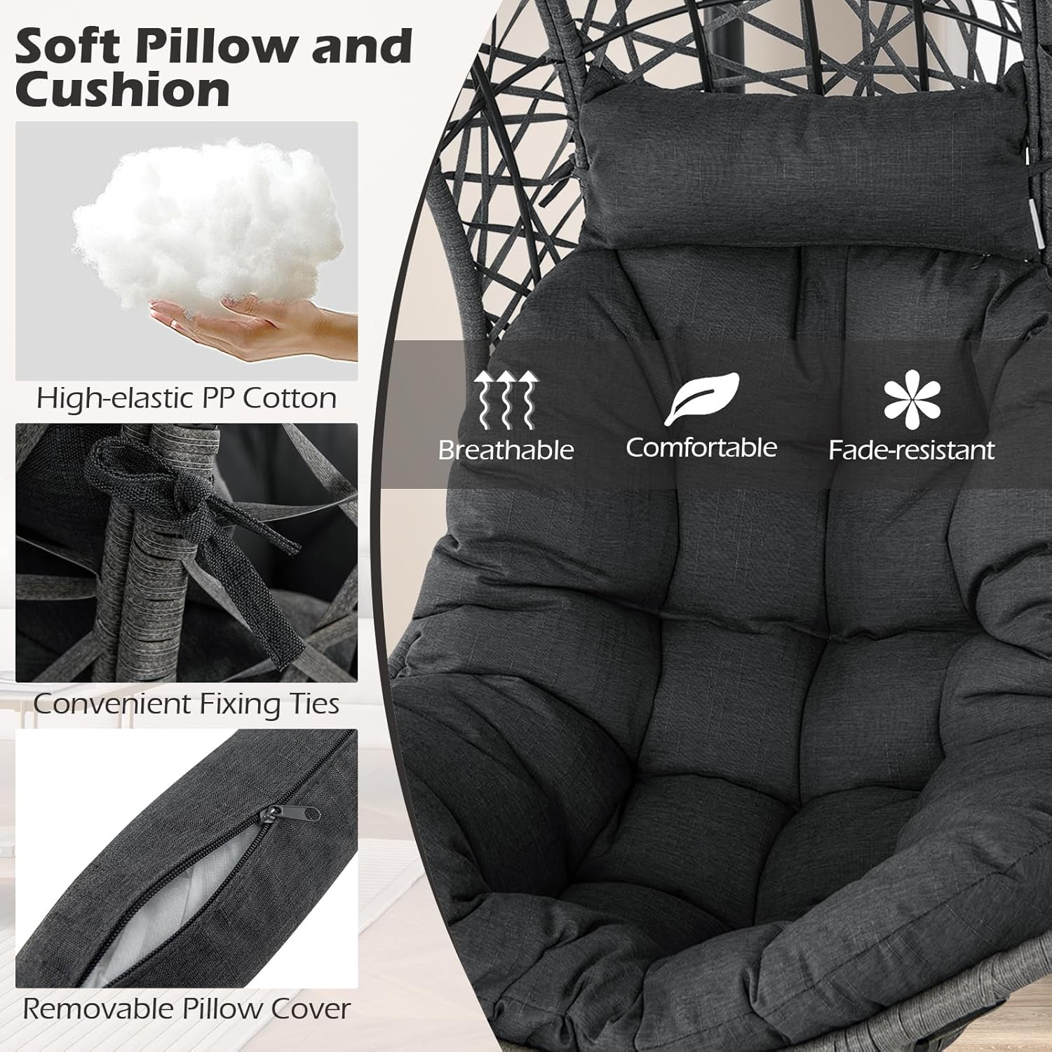 Giantex Swing Egg Chair Outdoor – PE Rattan Hammock Chair with Soft Pillow, Cushion, Metal Frame, Hanging Accessories, Indoor Basket Chair for
