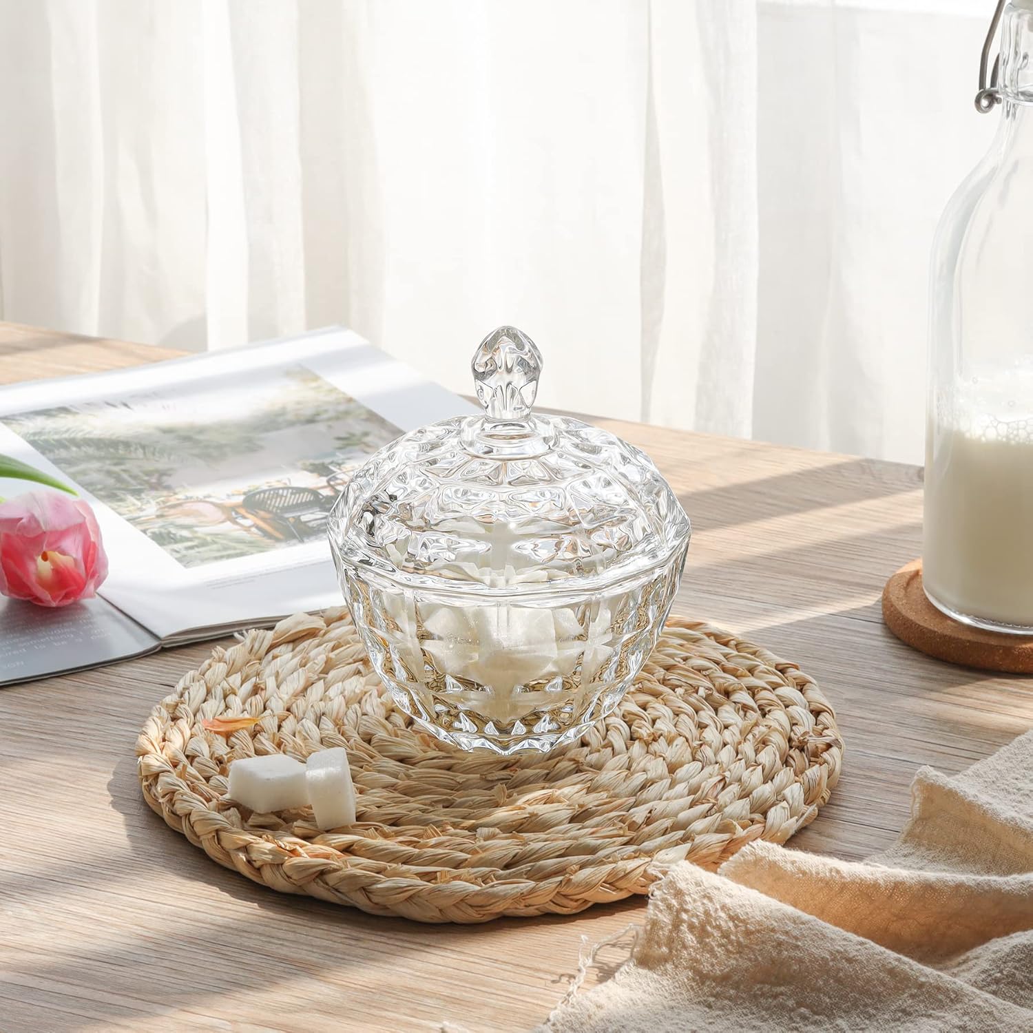 ComSaf Plato de caramelo de vidrio con tapa, cuenco decorativo para caramelos, tarro de caramelo cubierto de cristal para escritorio de oficina en