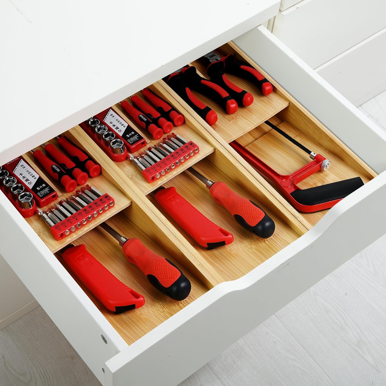 Ollieroo Organizador de cajones de cubiertos de bambú, organizador de cajones de cocina compacto para cubiertos, soporte de utensilios para