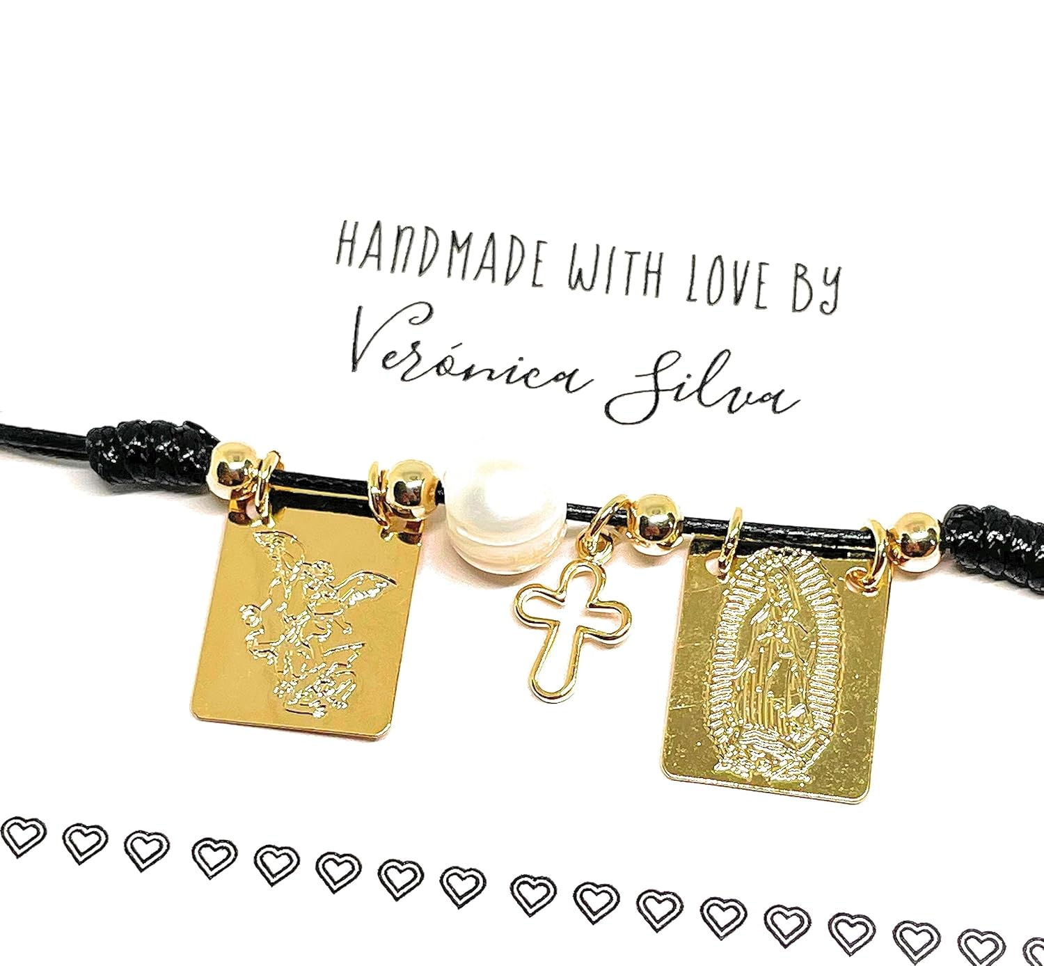 18k Gold Filled Scapular Leather Cord Choker Necklace Double Knotted Adjustable (Black)