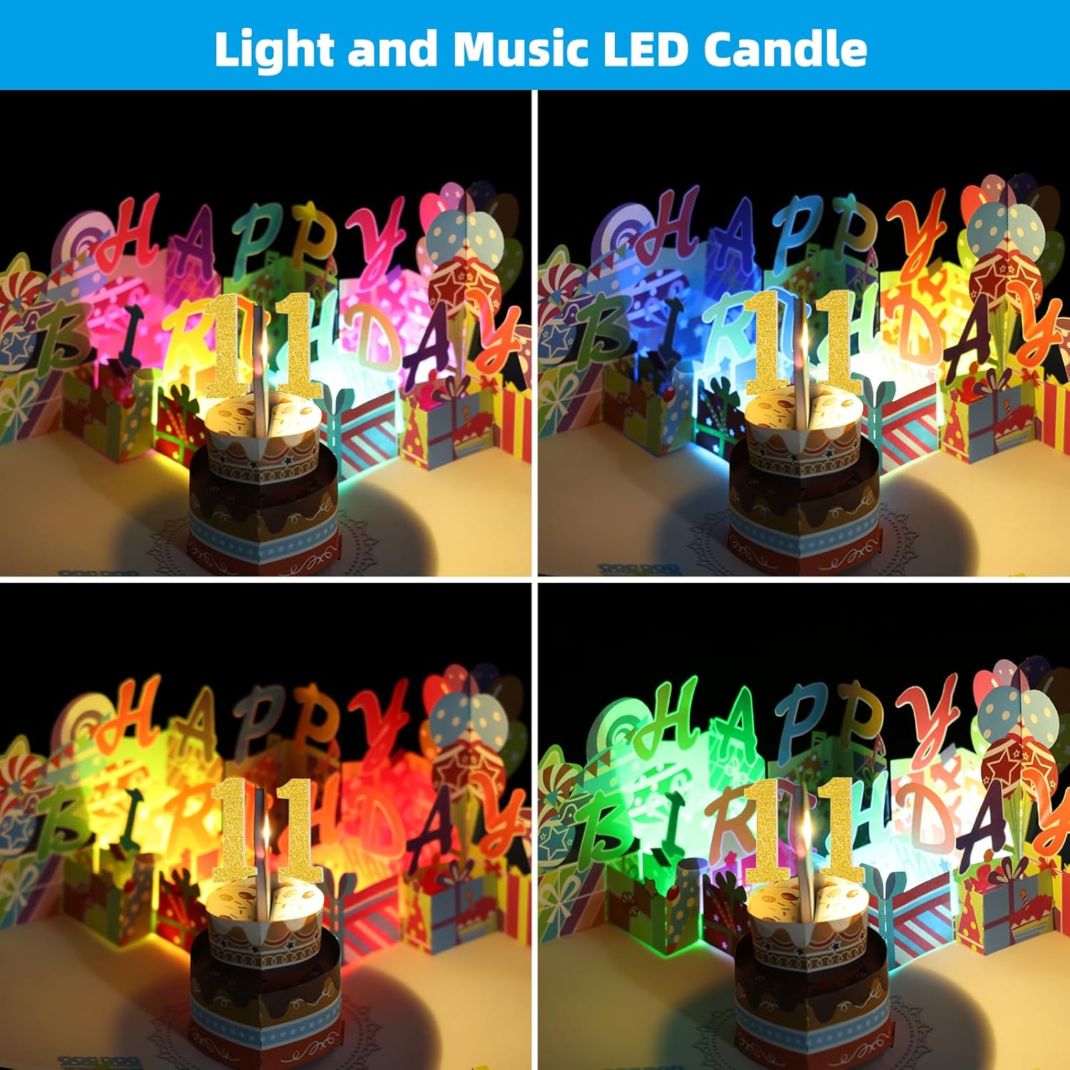 Gumry Tarjeta de cumpleaños número 11, tarjeta desplegable de cumpleaños musical soplable con luz LED, canción “Happy”, decoraciones de cumpleaños