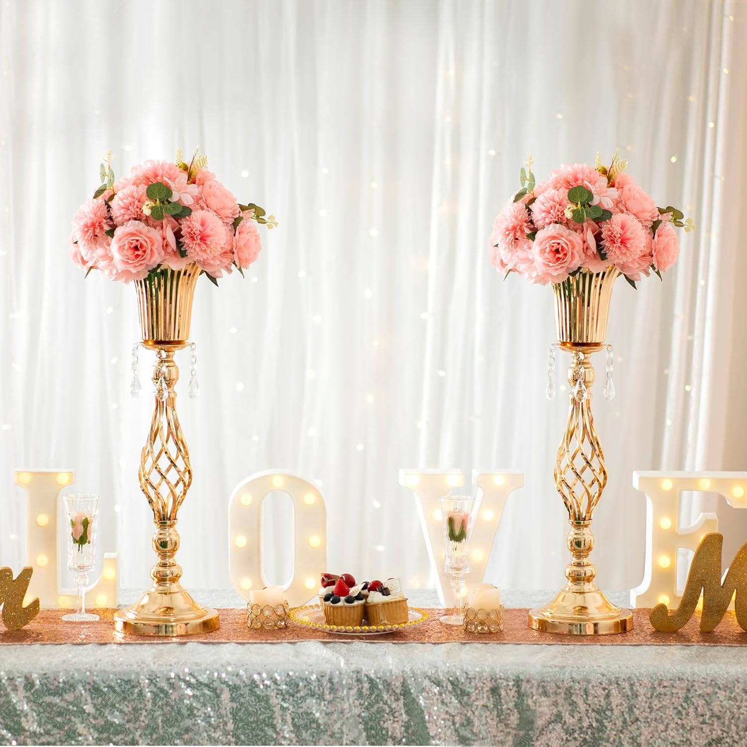 Centros de mesa dorados de 23.2 pulgadas para mesa de boda, 2 centros de mesa de flores de boda para mesas, centros de mesa de jarrón de flores de