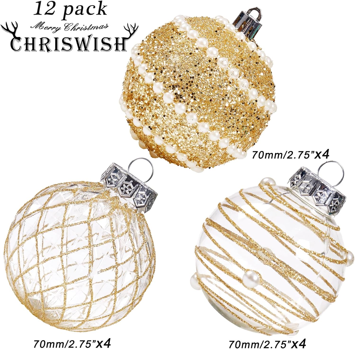 Adornos de bola de Navidad de 12 quilates, color dorado, inastillables, de plástico transparente, grandes, decoración de árbol de Navidad, delicados