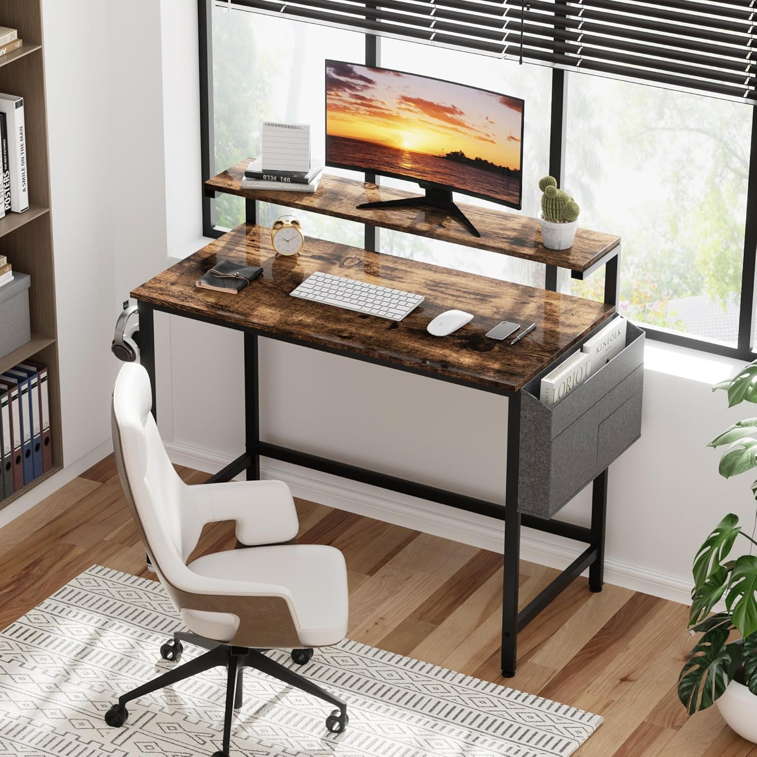 Shintenchi Escritorio para computadora de 40 pulgadas con soporte para monitor, escritorio de escritura de diseño estable, estación de trabajo de