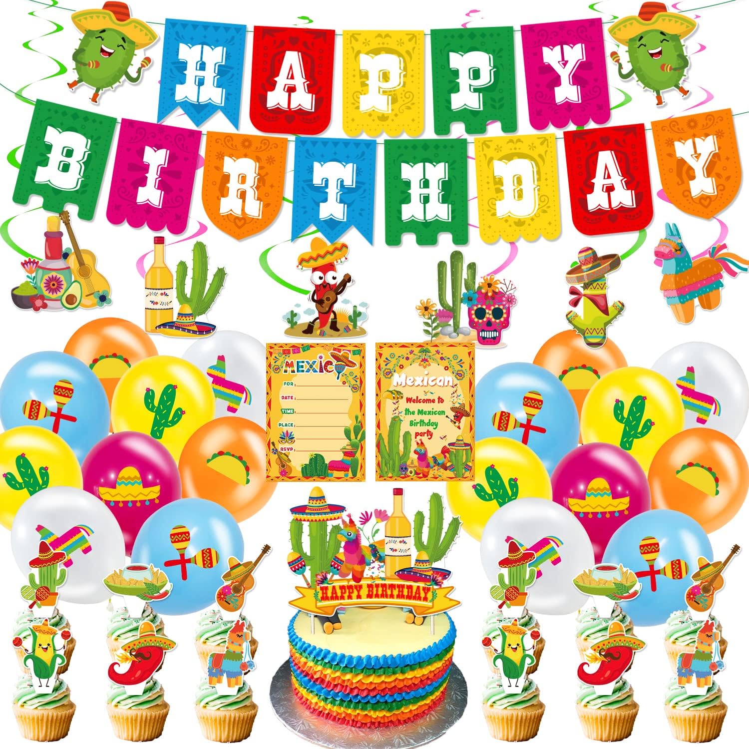 Decoraciones de fiesta para fiestas, abanicos de papel colgantes coloridos con temática mexicana, pompones de papel arcoíris, banderines de fiesta y