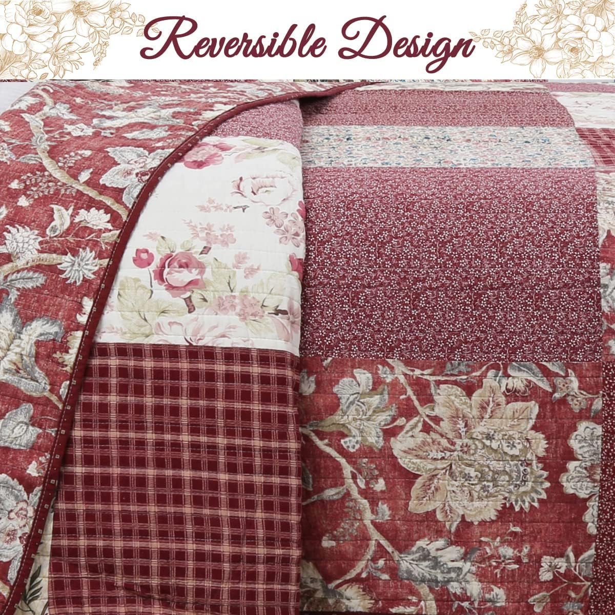 Cozy Line Home Fashions Juego de ropa de cama reversible de 100% algodón, diseño de retazos rojos y flores a cuadros, colcha (jardín vintage, King,