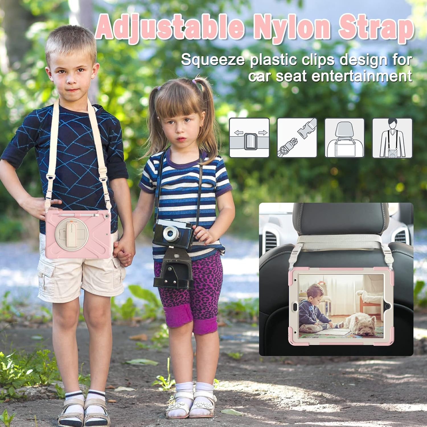 BRAECN Funda para iPad de 10.2 pulgadas 202120202019, funda híbrida de tres capas para niños y niñas, con correa para el hombro, correa de mano,