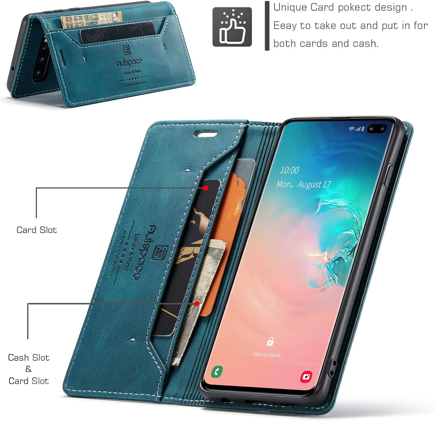 Para Samsung Galaxy S10 Case, Vintage Wallet Case Card Holder Kickstand Funda de cuero con tapa magnética incorporada para Galaxy S10 – Azul