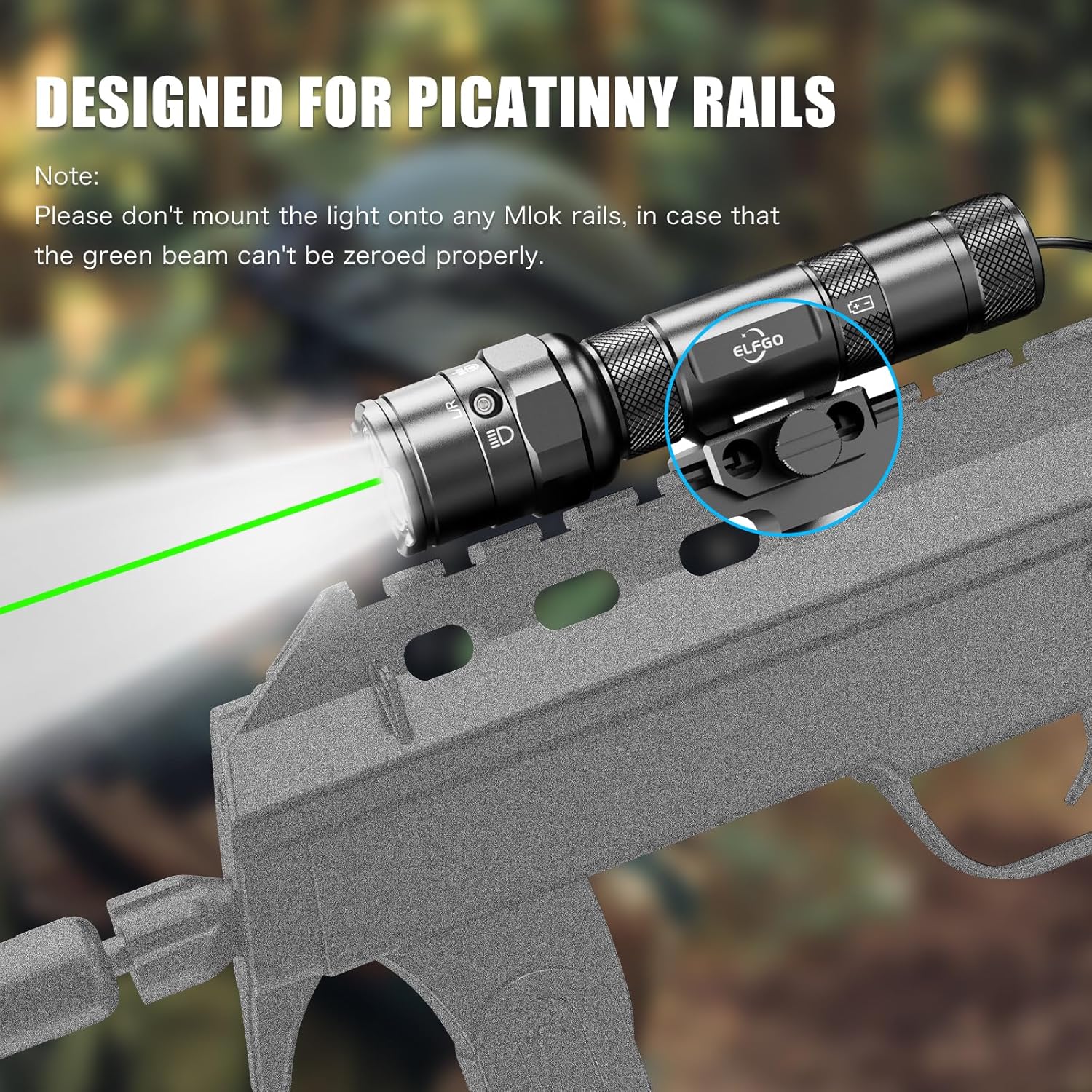 Linterna táctica láser verde combo recargable, 1250 lúmenes Picatinny montaje arma luz láser con interruptor de presión remoto, montaje en riel