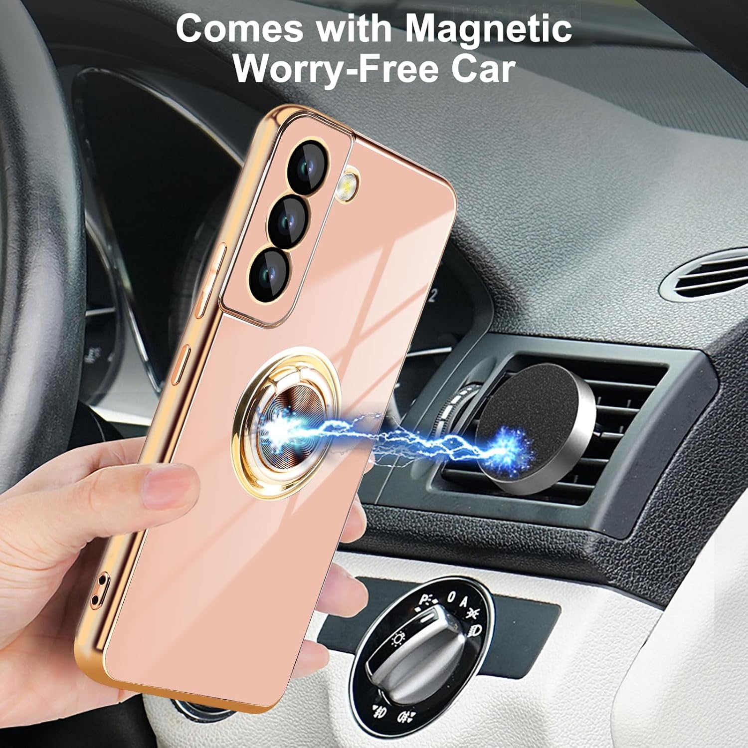 Aitipy Funda para Samsung Galaxy S21 FE con 1 protector de pantalla, soporte de anillo de rotación de 360 integrado, borde chapado brillante de