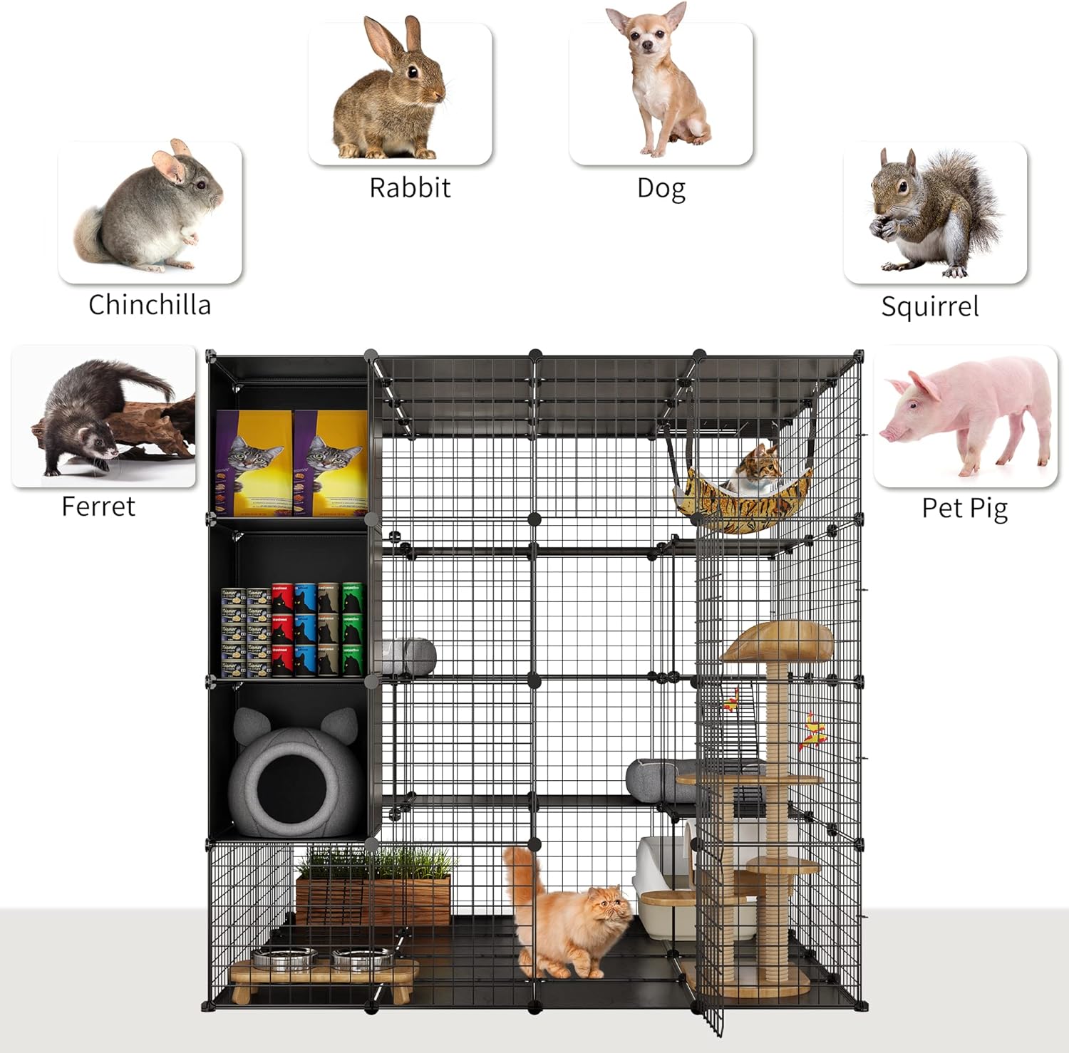 YITAHOME Jaula grande para gatos con cubo de almacenamiento, recintos para gatos para interiores, corralito de metal para gatos con hamaca grande