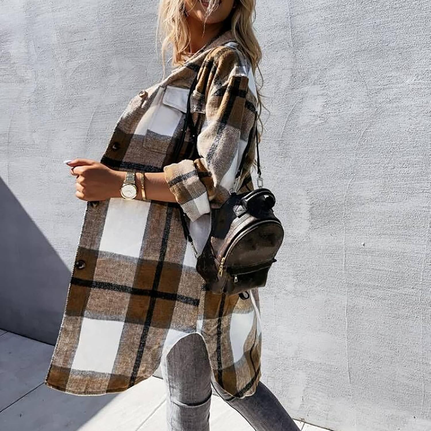 Camisas a cuadros para mujer, chaqueta casual de manga larga con solapa y botones, camisas con bolsillo