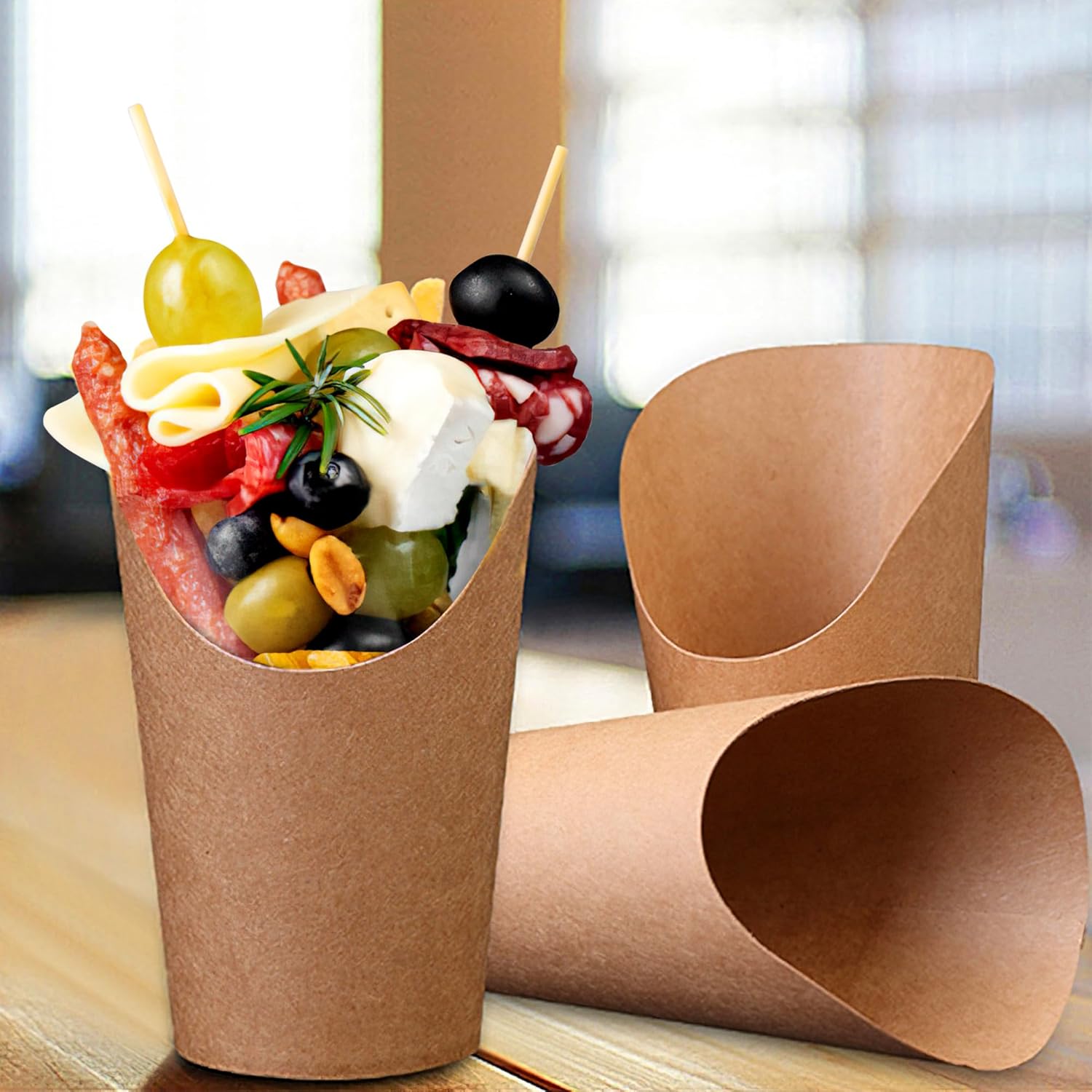 MOLFUJ Soporte para papas fritas de 14 onzas, 50 tazas de papel kraft de papel de estraza desechables, mini cajas de servir de fiesta marrón para