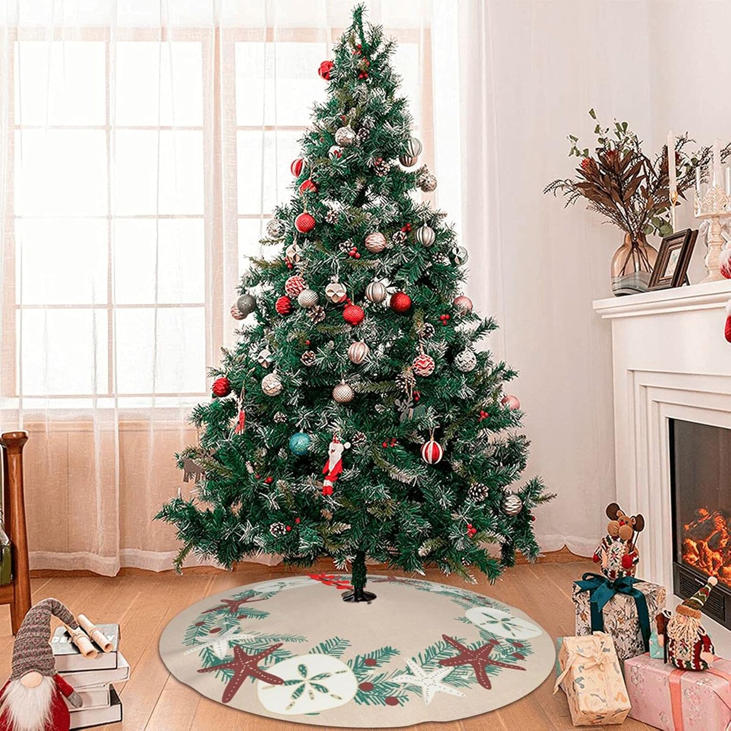 Falda de árbol de 30 pulgadas, estilo costero, rústico, playa, Navidad, vacaciones, decoración de estrellas de mar para fiestas, interiores y