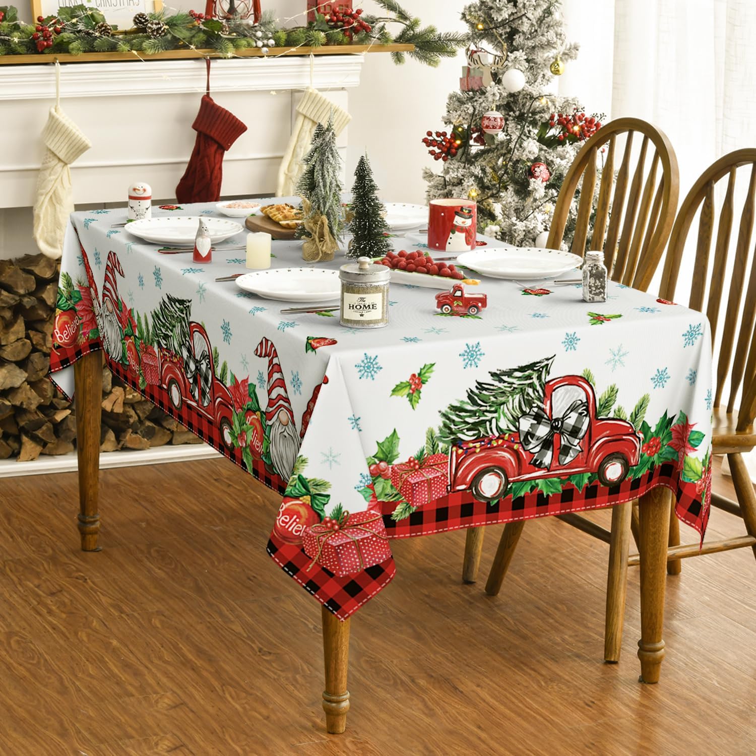 Horaldaily Mantel de Navidad rectangular de 60 x 120 pulgadas, regalo de camión de muñeco de nieve, cubierta de mesa lavable para decoración de