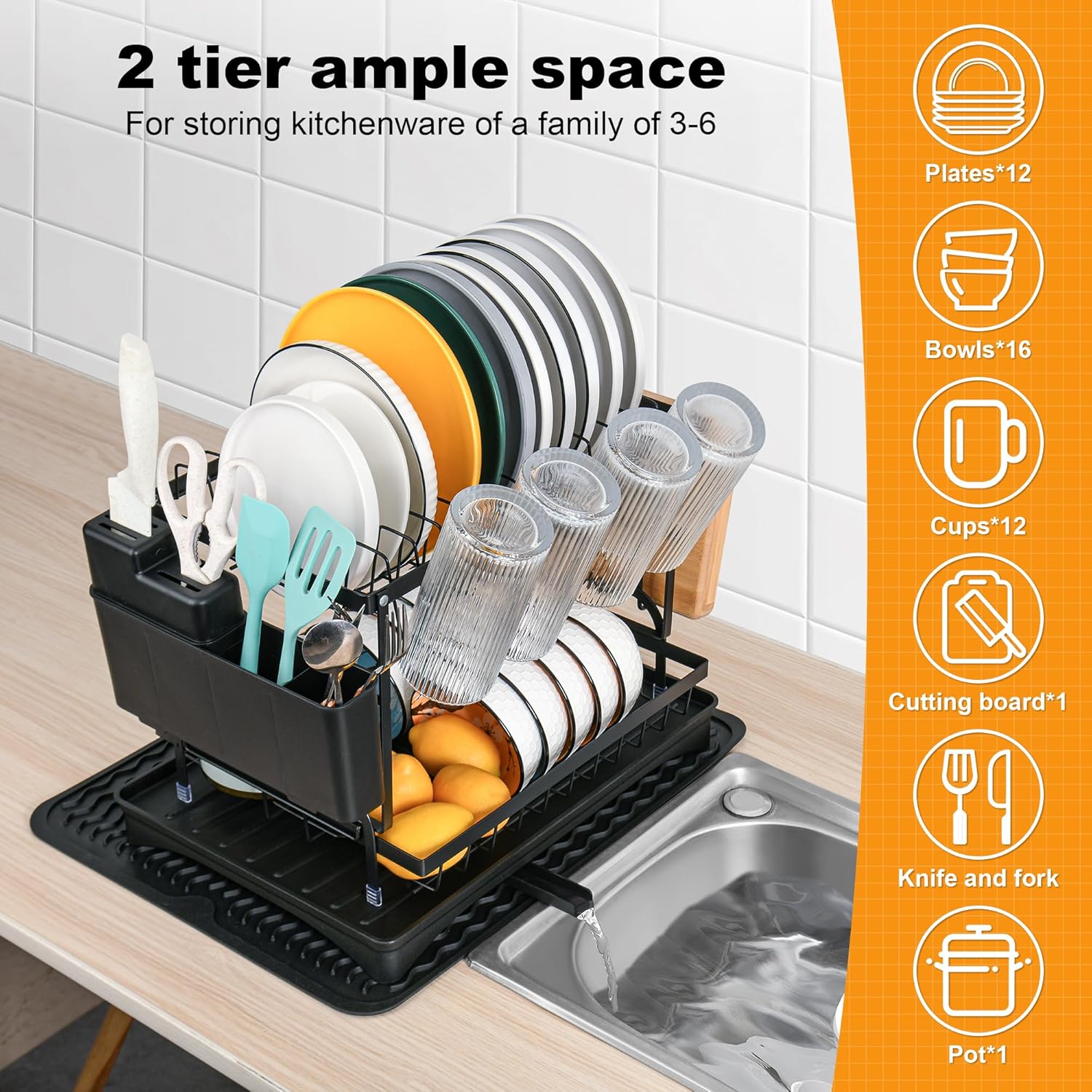 Escurridor de platos grande desmontable de 2 niveles sobre la encimera de la cocina con escurridor y tapete de secado de platos de silicona, estante