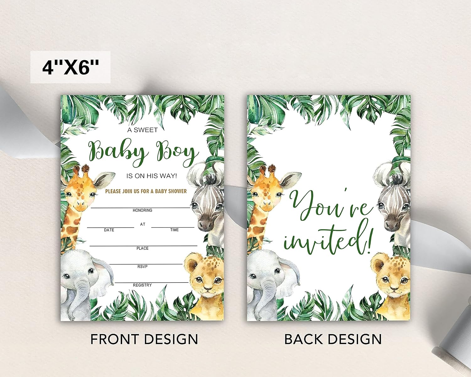 Invitaciones de baby shower para niño, tarjetas de relleno de animales de la selva con sobres, de madera, juego de 25.