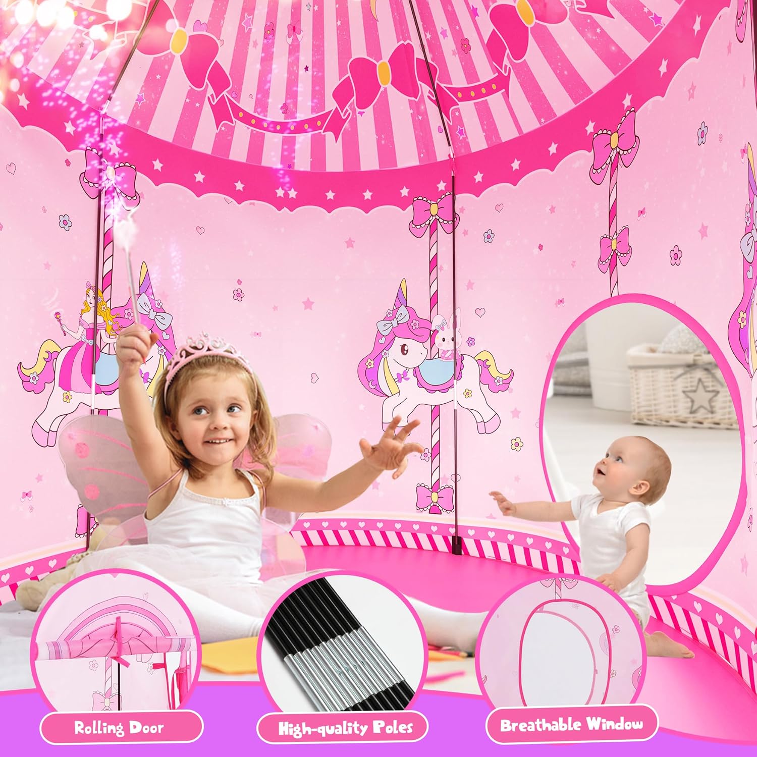 Tienda de campaña de princesa 3 en 1 para niños casa de juegos desplegable para niños pequeños con túnel de gateo, piscina de pelotas y tienda de