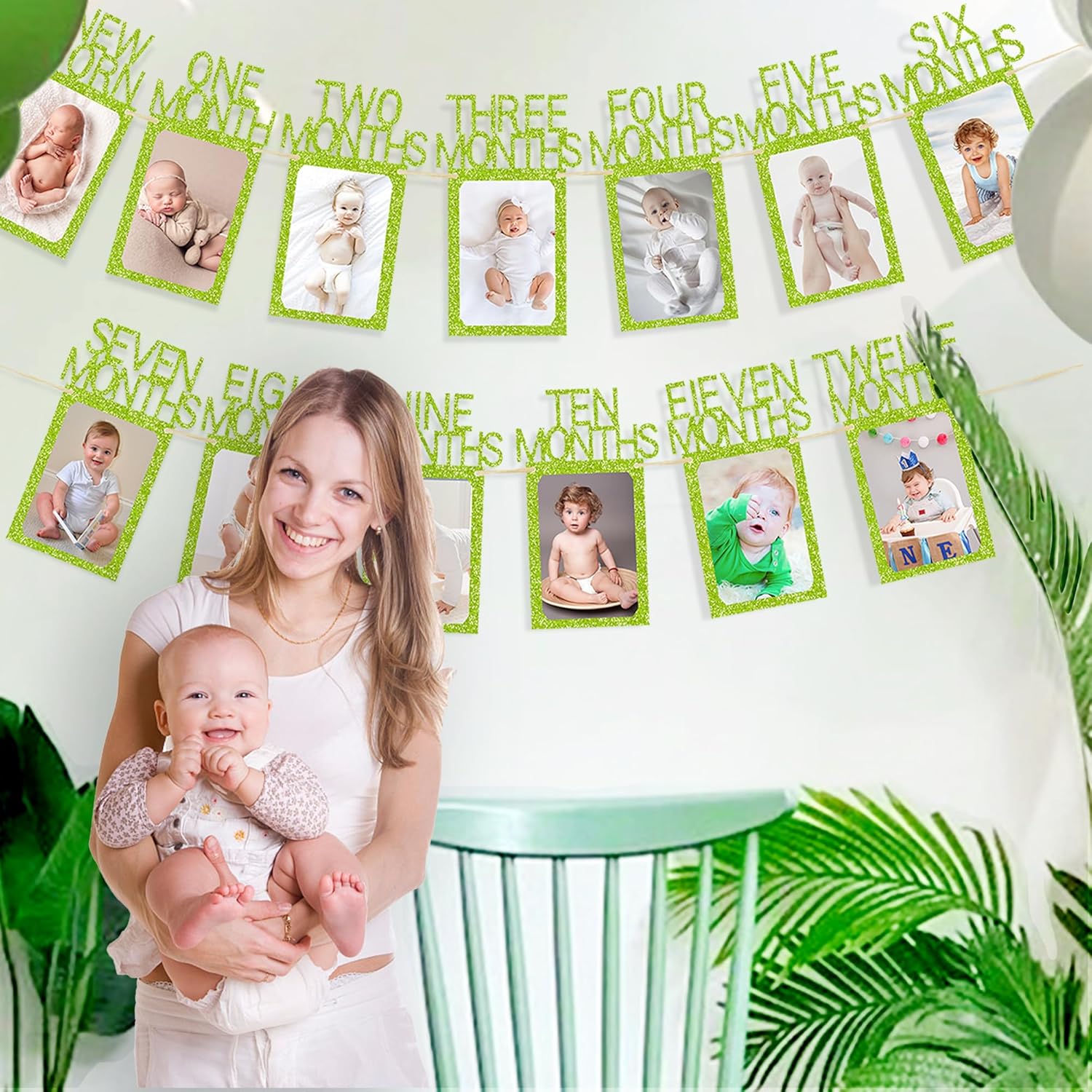 Cartel de fotos de primer cumpleaños para decoración de bebé verde desde recién nacido hasta 12 meses niño niña salvaje