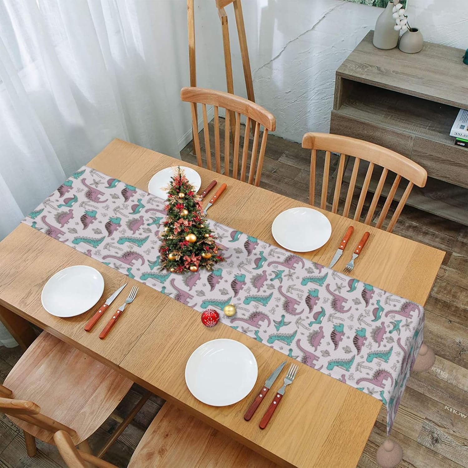Camino de mesa de Navidad de dinosaurios divertidos, decoración de mesa de comedor, decoración de Navidad, decoración de interiores del hogar,