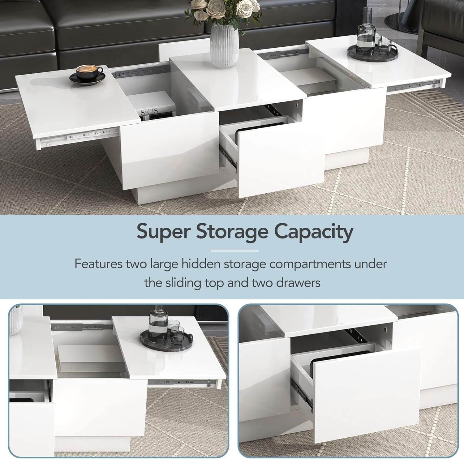 Mesa auxiliar multifuncional con 2 grandes compartimentos de almacenamiento ocultos, mesa de cóctel extensible con 2 cajones, mesa central de alto