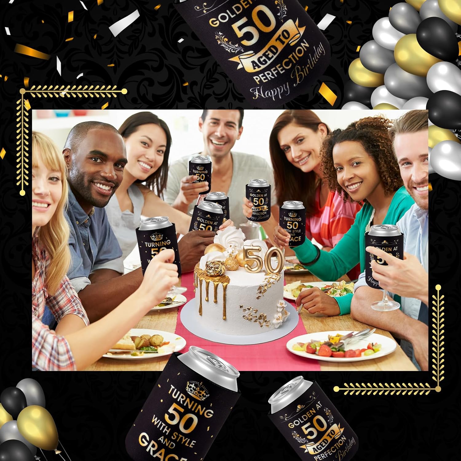 24 piezas de decoraciones doradas de cumpleaños número 50, recuerdos de fiesta de cumpleaños 50, fundas enfriadoras que giran 50 años con estilo y