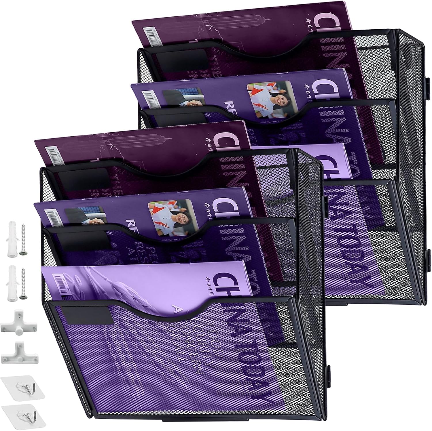 Paquete de 2 organizadores de archivos de pared de 3 bolsillos, organizador de correo, soporte de revistas, soporte vertical de malla para colgar