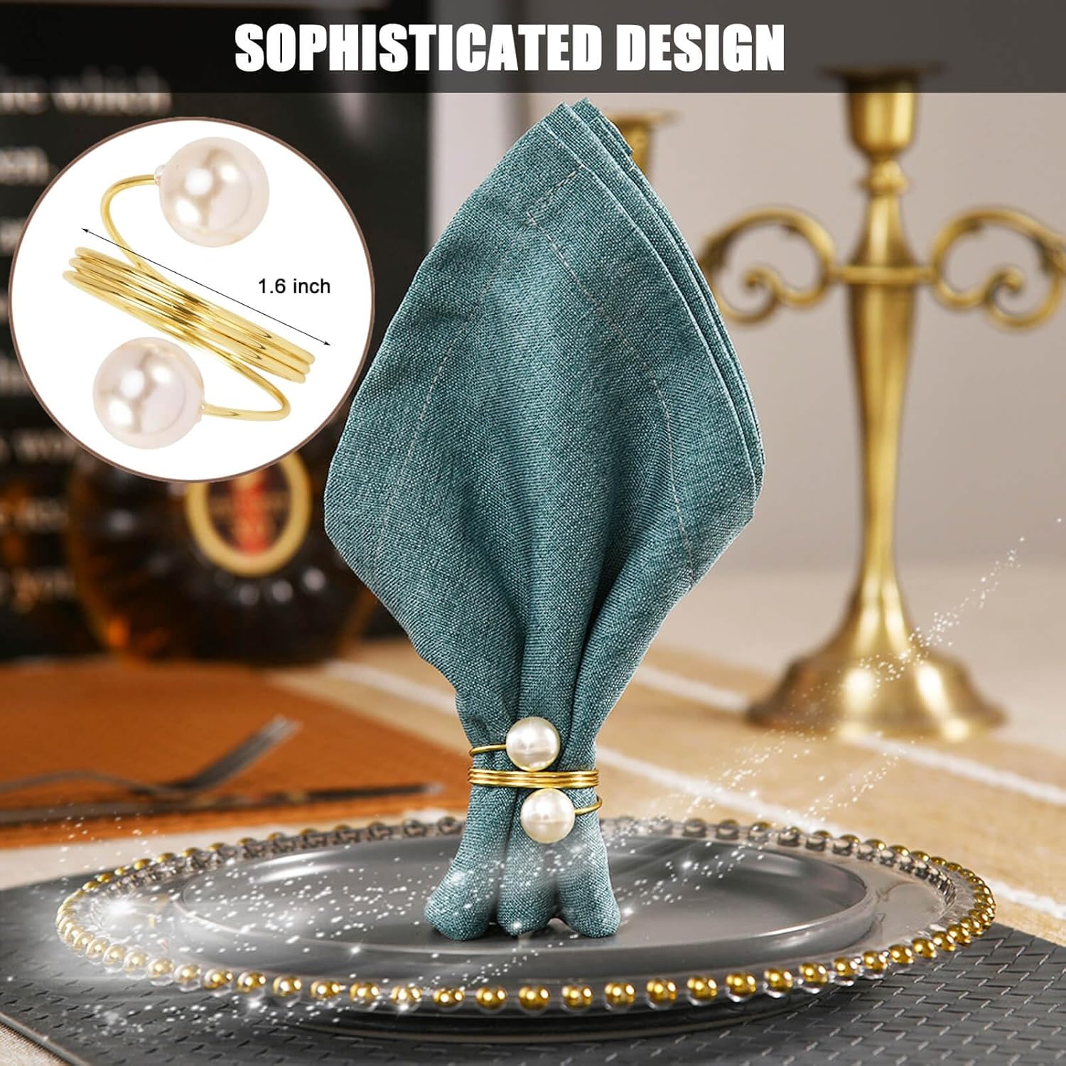 Juego de 8 servilleteros redondos de metal con perlas y hebillas para bodas, cenas, fiestas, cocina, mesa, decoración de cumpleaños, Navidad