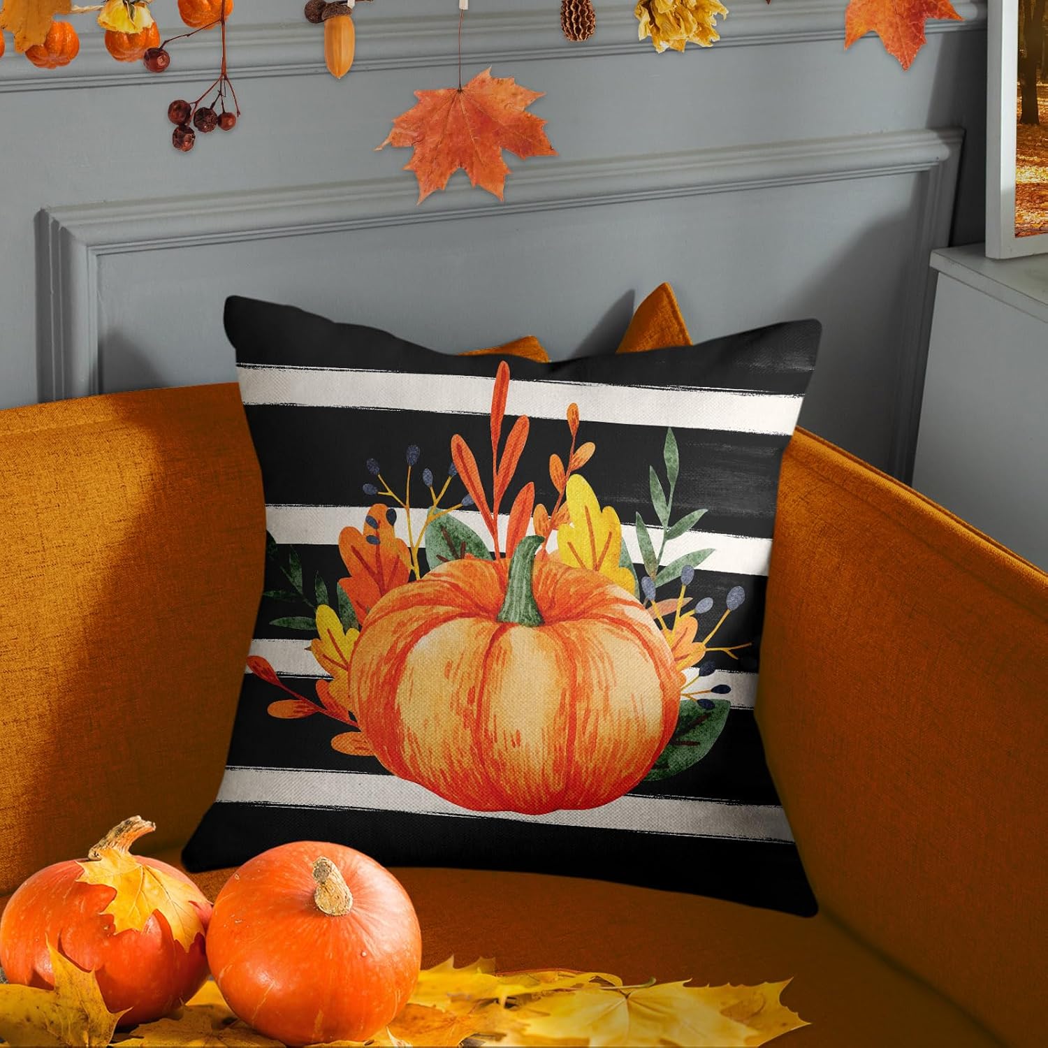 Bayson Juego de 4 fundas de almohada de otoño con diseño de calabaza naranja para otoño, agradecido, bendición, cosecha, Acción de Gracias, camión,