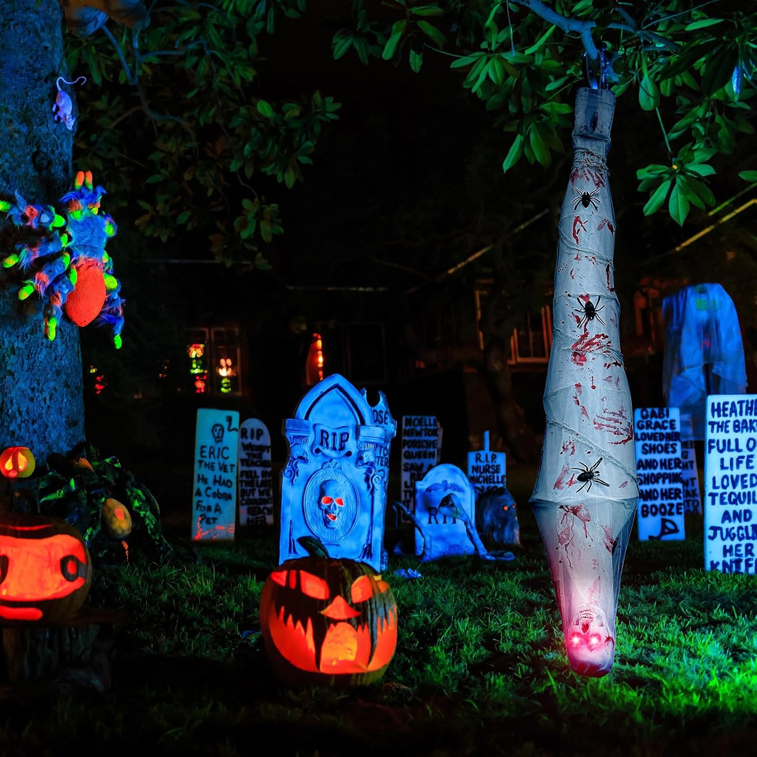 Decoración de Halloween colgante de fantasma de cadáver de capullo, ojo de luz LED roja y cadáver de capullo de sonido espeluznante para decoración