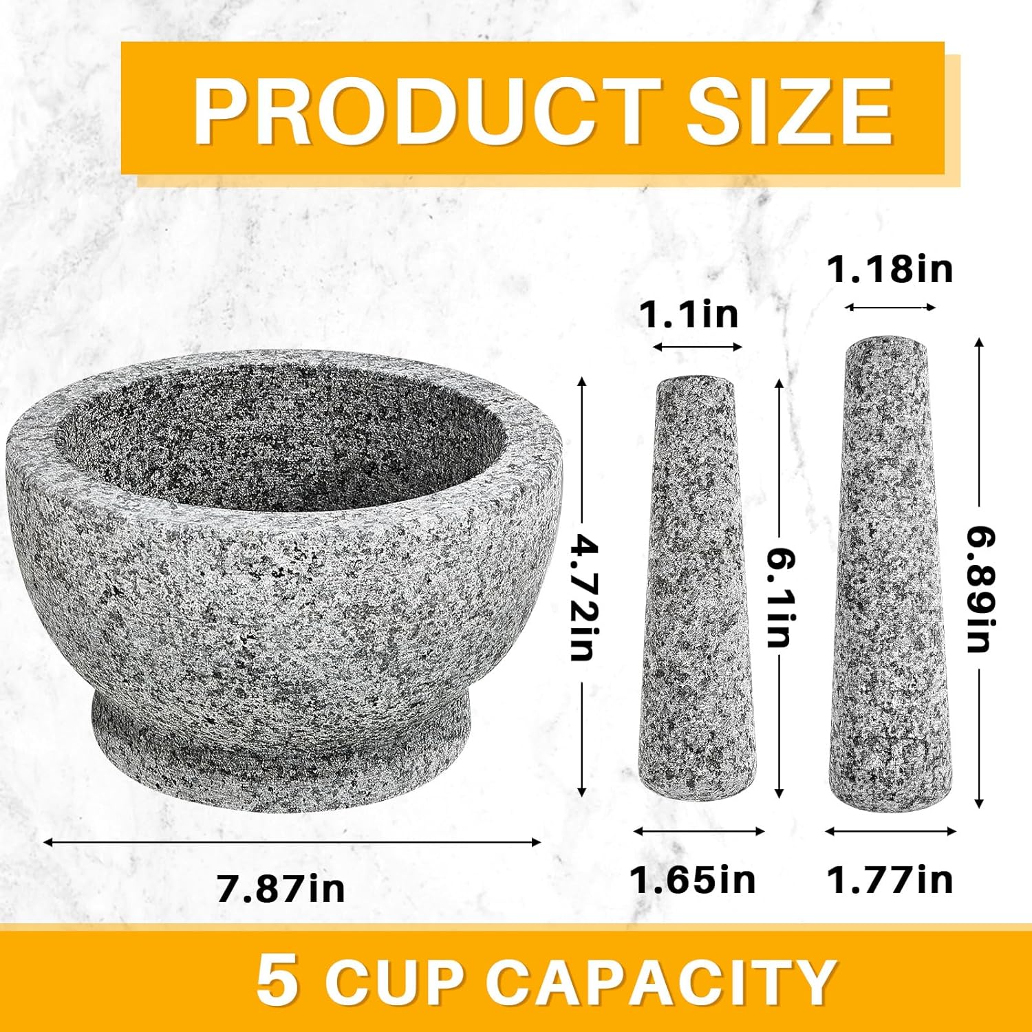 Sliner Juego de mortero y mortero grande de 8 pulgadas con capacidad para 5 tazas, cuencos de granito de guacamole con dos majas de diferentes