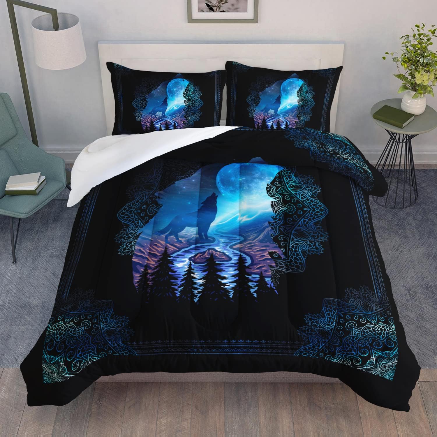 AILONEN Juego de edredón de lobo, tamaño Queen, juego de edredón bohemio de lobo aullando de lobo, juego de ropa de cama para niños y niñas de 3