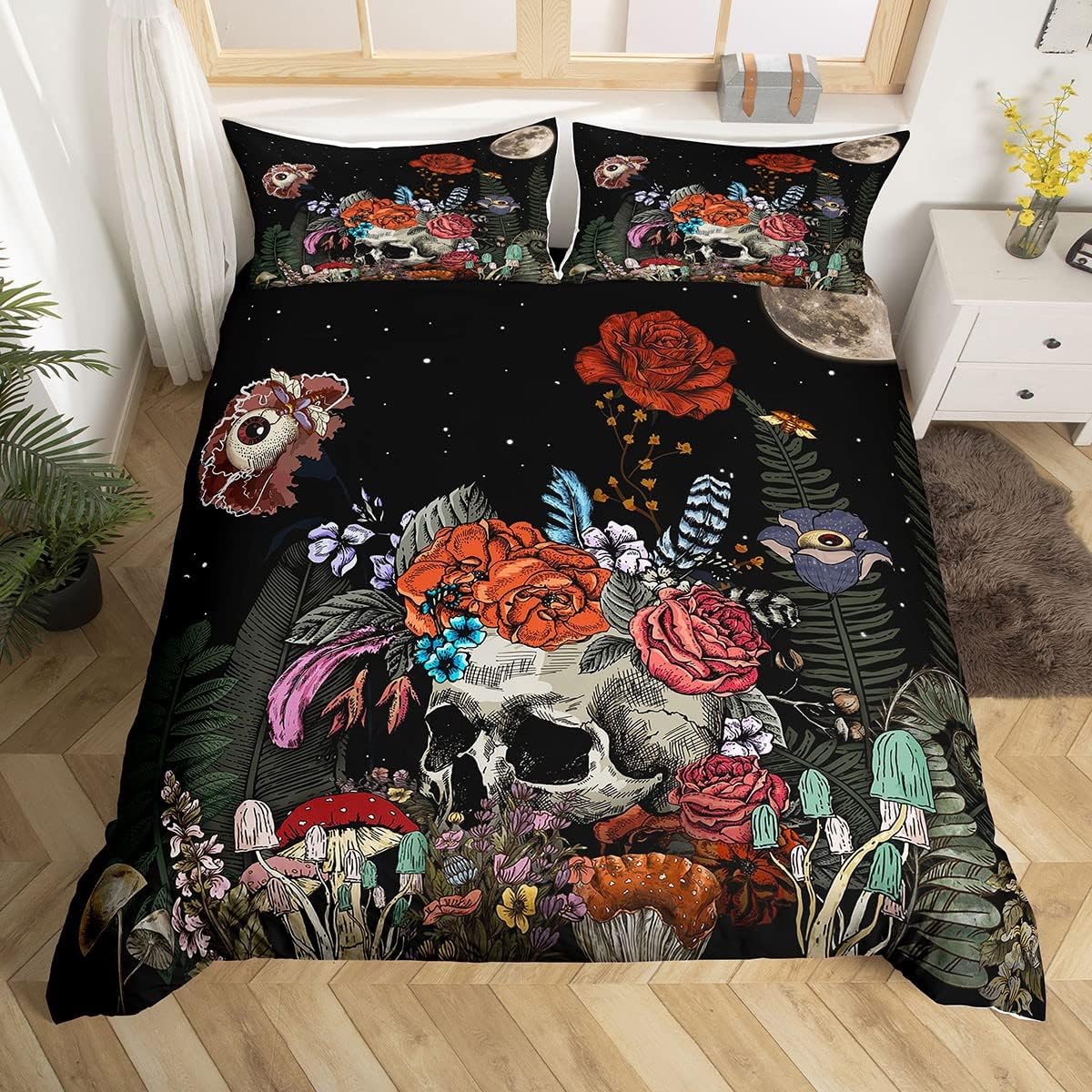 Erosebridal Juego de ropa de cama de calavera de azúcar, funda de edredón de flores botánicas para niños y niñas, decoración del hogar, funda de