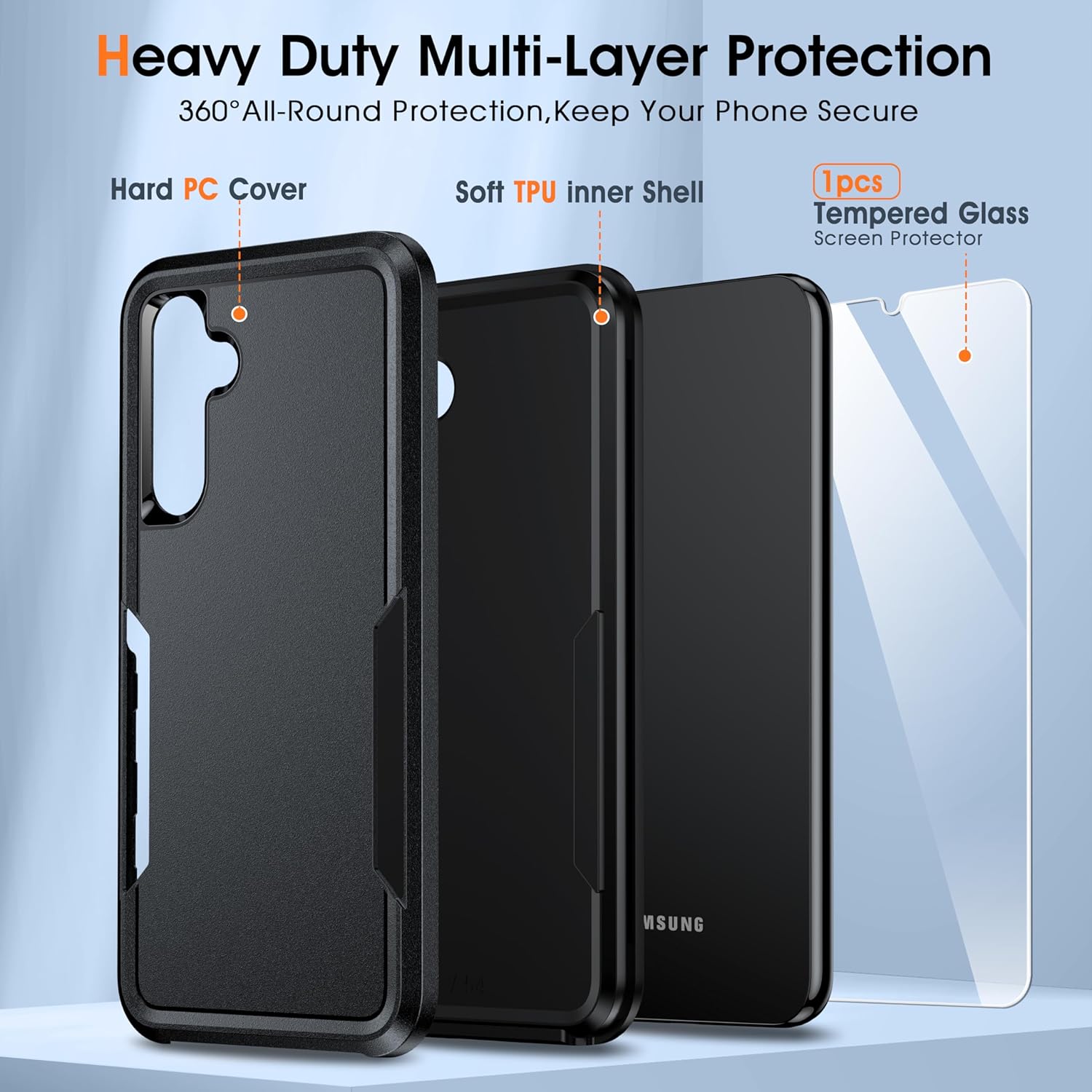 Oneagle Funda para Samsung Galaxy A15 5G, doble capa Galaxy A15 5G con 1 protector de pantalla de vidrio templado, protección militar de 15 pies,
