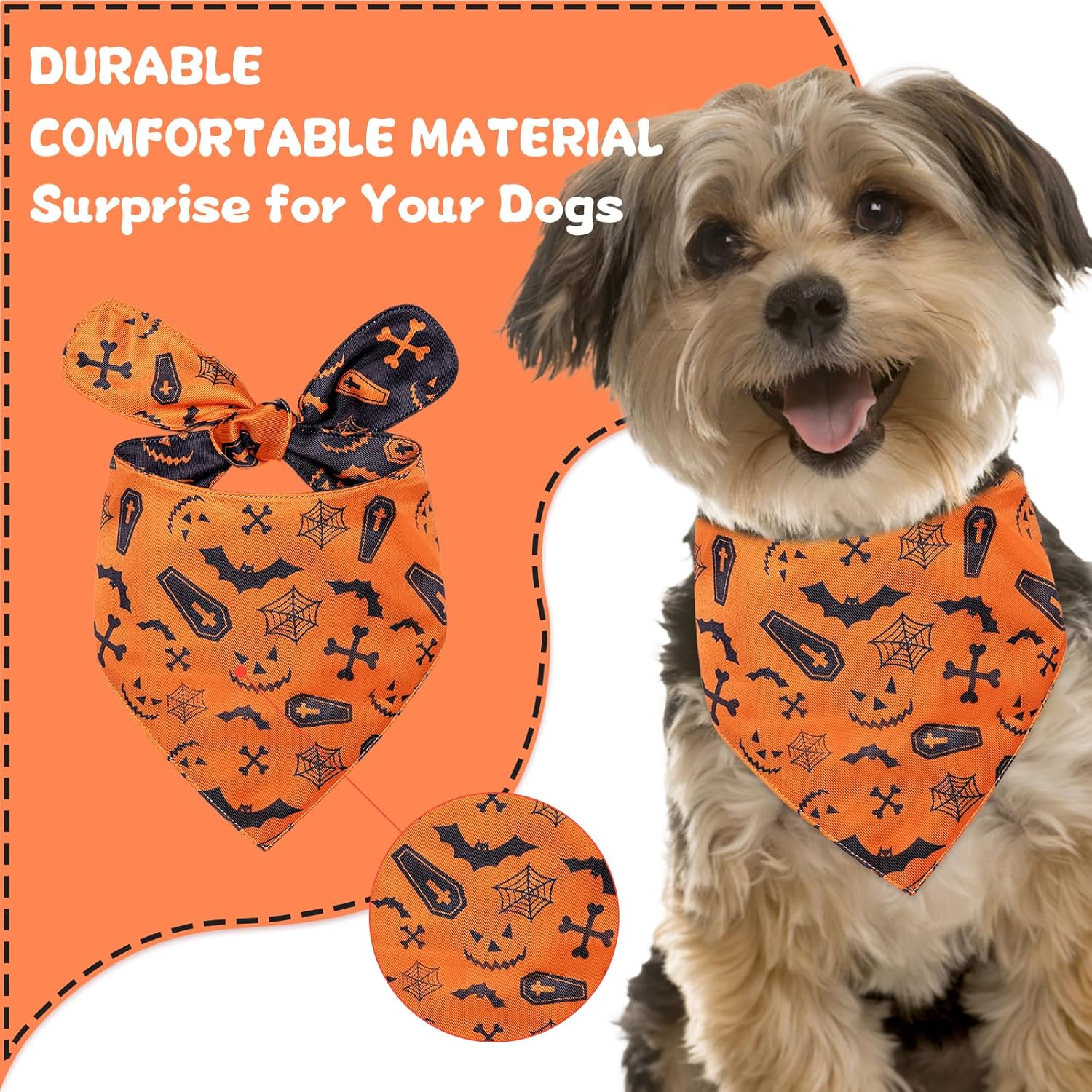 Bandana de Halloween para perro con patrón de arañas murciélagos, cómoda bufanda triangular de algodón para cachorros y perros pequeños, pañuelo