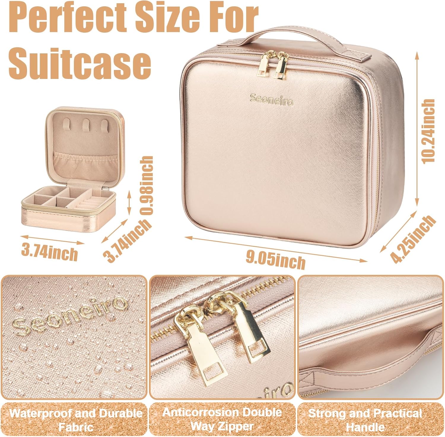 Bolsa de viaje de maquillaje con espejo iluminado LED, brillo ajustable, estuche de maquillaje portátil impermeable con divisores ajustables,