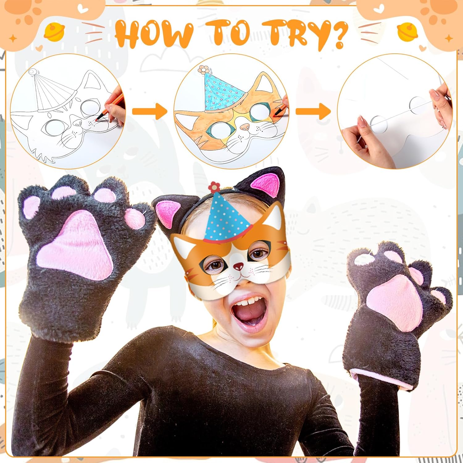Juego de 16 máscaras de animales DIY, máscara para colorear de gato, máscara de fiesta de gato con 24 piezas de bolígrafo de acuarela, máscara en