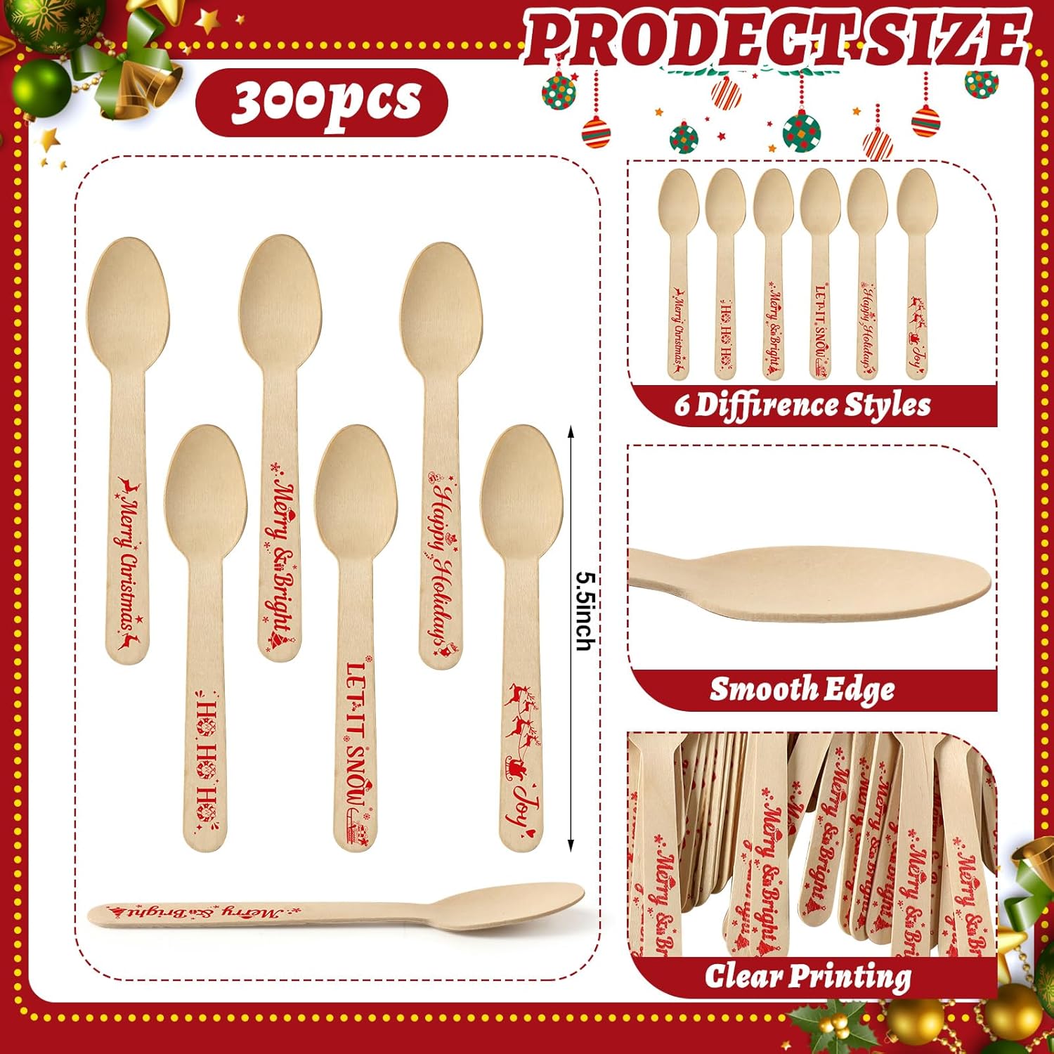300 cucharas de madera de Navidad para chocolate caliente, cucharas desechables de cacao caliente, diseño de bastón de caramelo, cucharas de