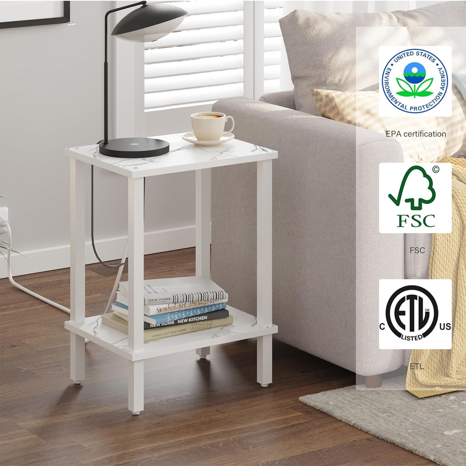 TUTOTAK Mesa auxiliar, mesa auxiliar, mesita de noche, estante de almacenamiento de 2 niveles, mesa de sofá para espacio pequeño, sala de estar,