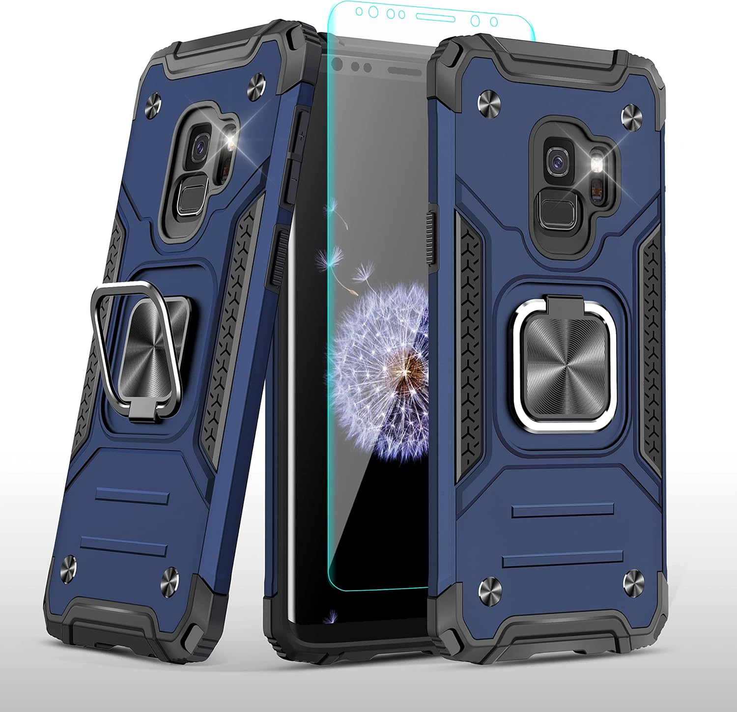 YmhxcY Funda para Galaxy S9, Samsung S9 con protector de pantalla curvado 3D, funda de grado armadura con soporte giratorio, antideslizante,