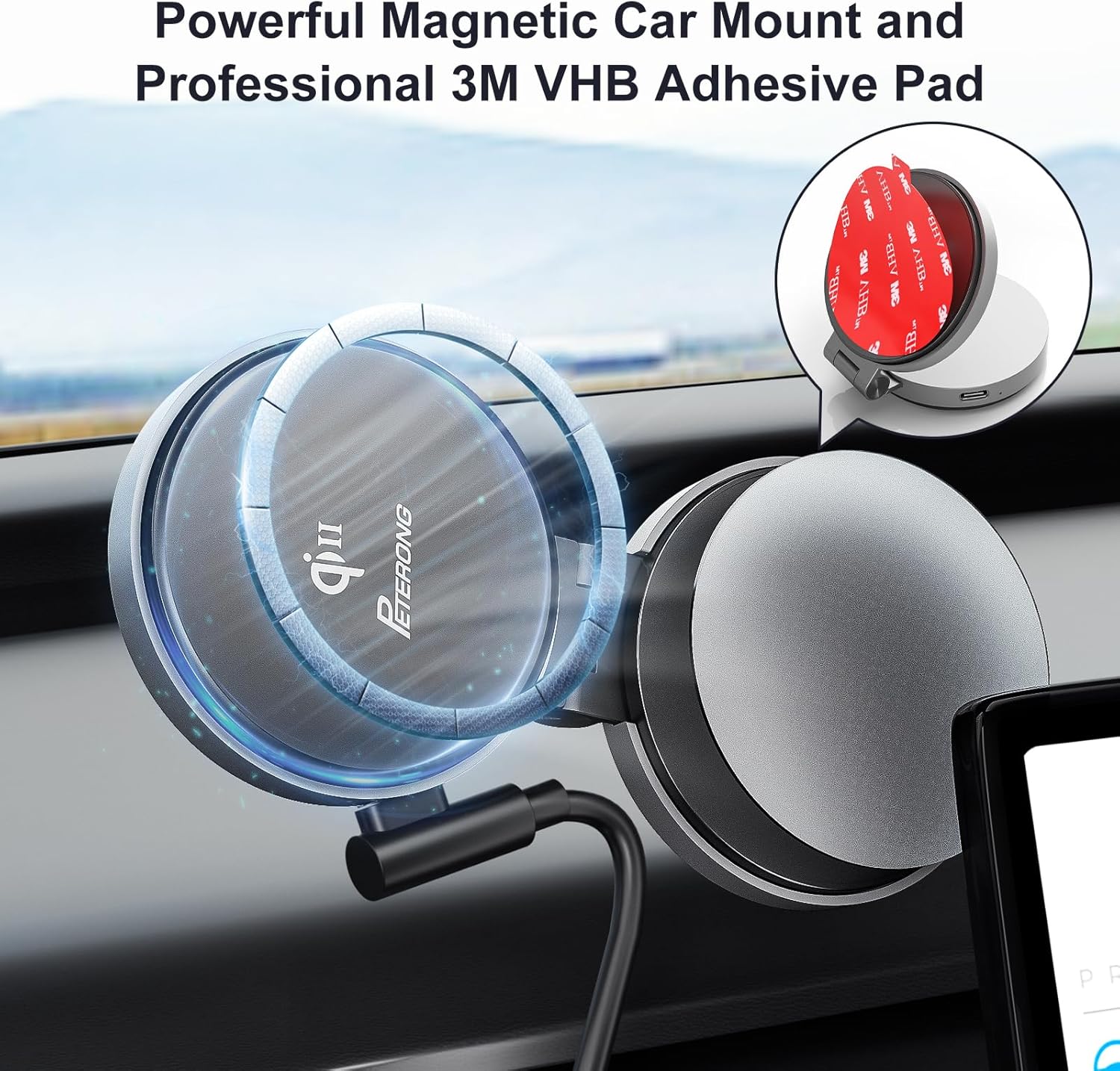 Qi2 Wireless Car Phone Charger Holder Compatible with MagSafe for Tesla Model 3Y, 15W Fast Charging Car Phone Mount Foldable Invisible Cradle Stand