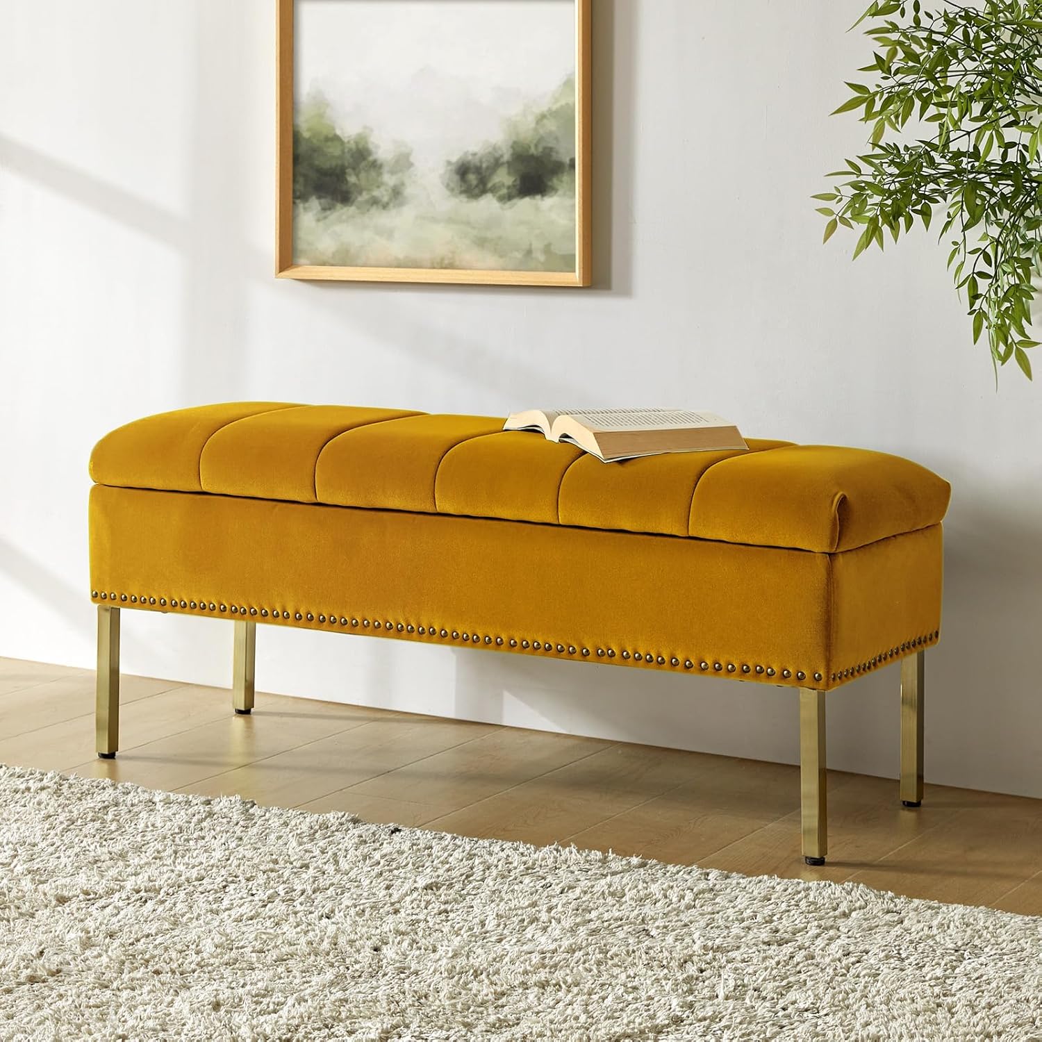 HULALA HOME Banco otomano moderno de terciopelo con tapa abatible con borde de clavos, banco tapizado para dormitorio para el extremo de la cama,