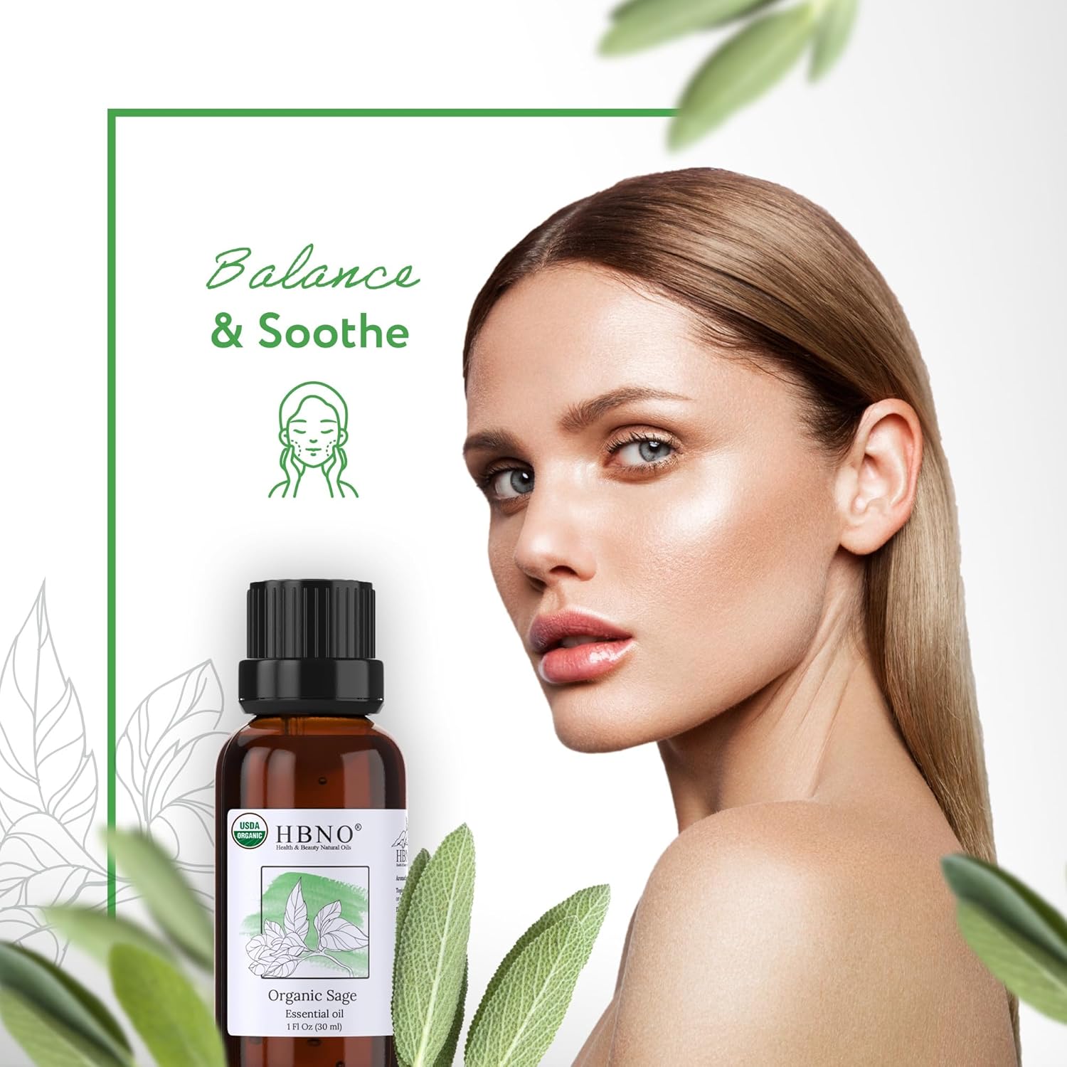 HBNO Aceite esencial de salvia orgánica, 1 onza (1.0 fl oz), aceite esencial de salvia orgánica certificado por USDA, destilado al vapor para
