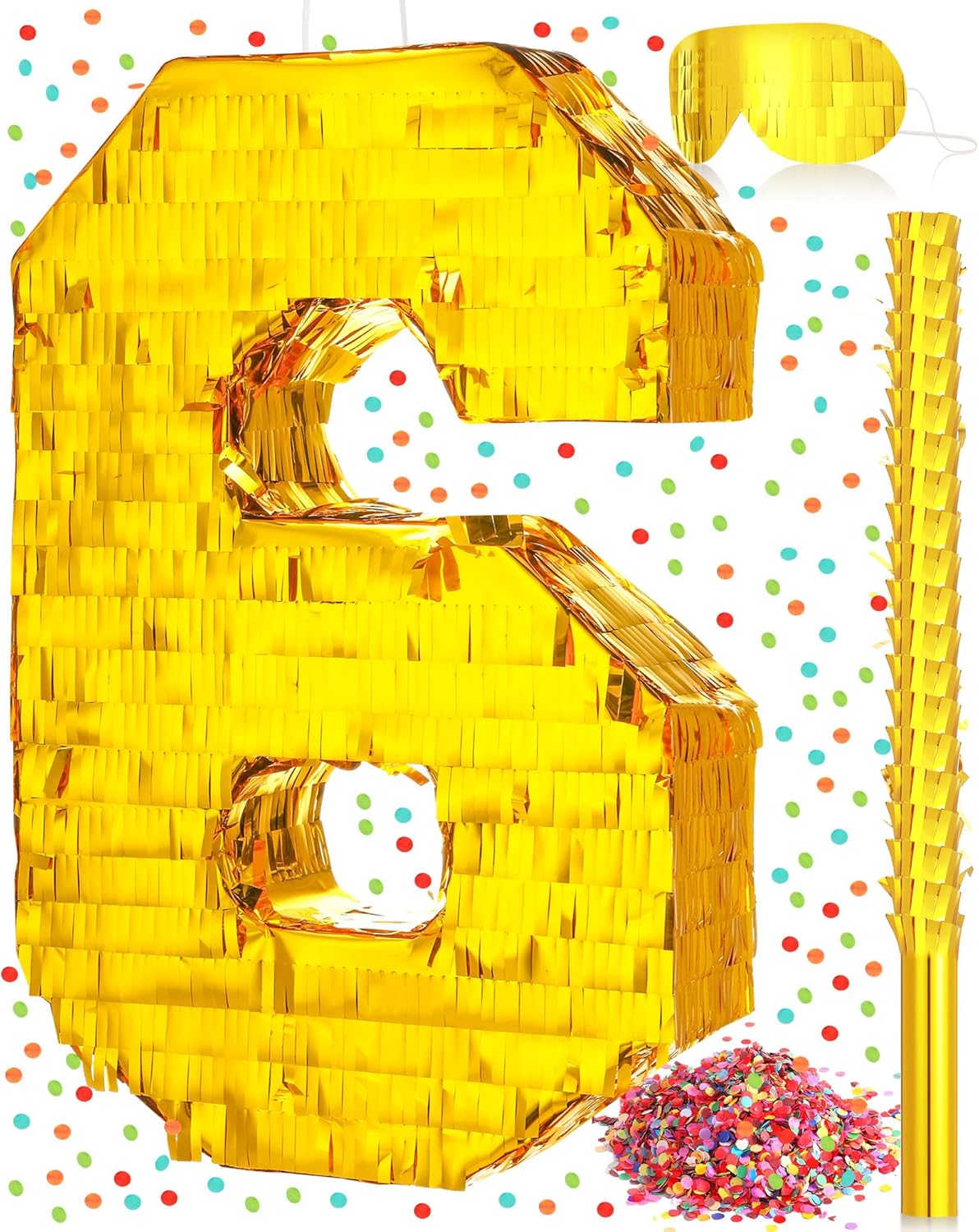 Piñata de número de lámina dorada de 16 x 11 x 3 pulgadas, piñata pequeña con palo de 15.7 pulgadas, confeti dorado para niños, niñas, decoraciones