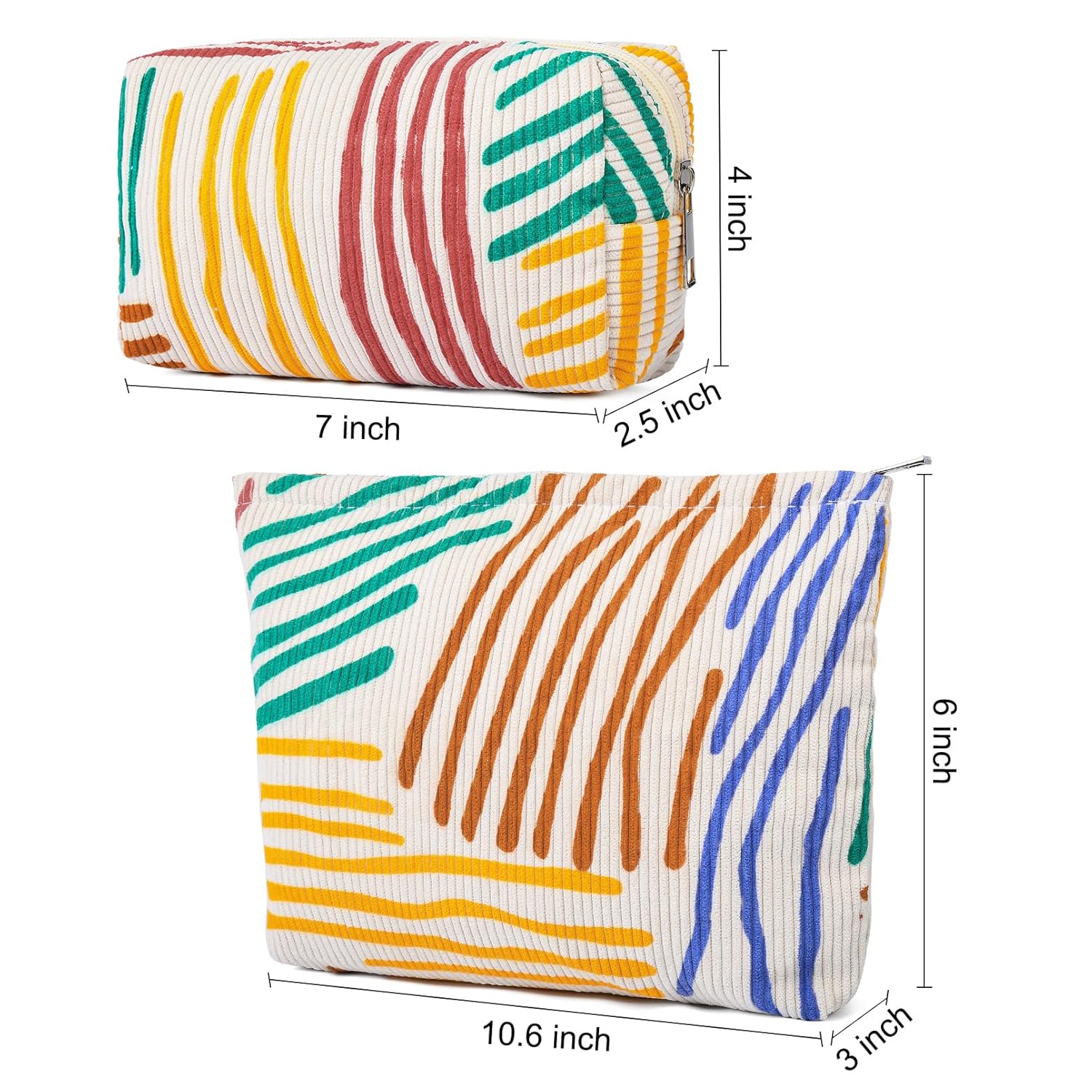 SOIDRAM Bolsa de maquillaje grande de pana de 2 piezas, bolsa de cosméticos de lona, capacidad a rayas, bolsa de aseo de viaje, organizador de