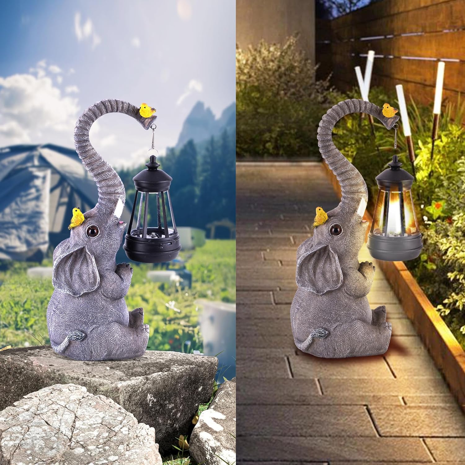 Luces solares de estatuas de jardín al aire libre, figuras de elefante con bonitos pájaros decoración de escultura de jardín, regalos de madre de