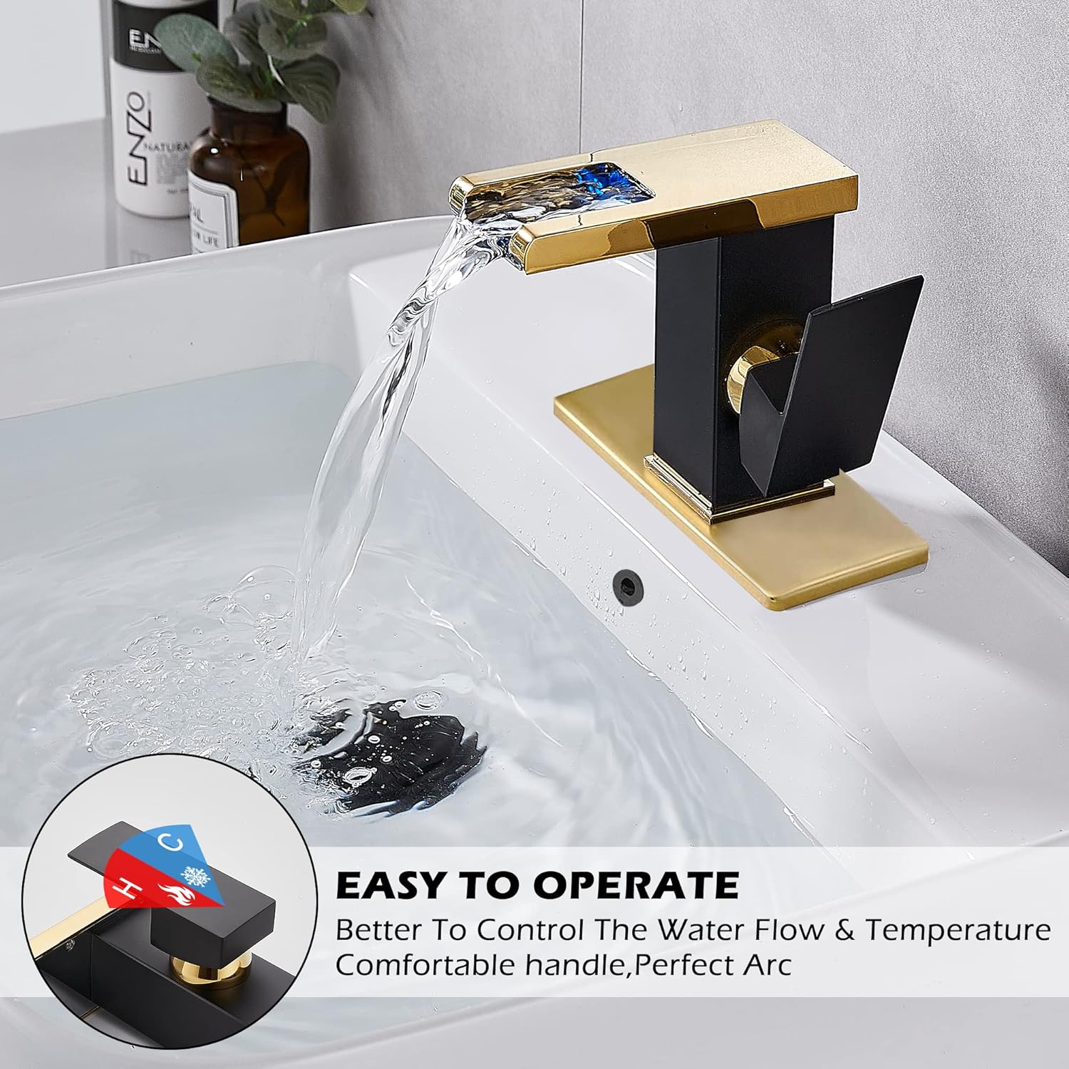 Grifo de baño con mango de un solo agujero, caño abierto en cascada LED, negro y dorado, moderno, latón, lavabo de 3 agujeros, lavabo de 4 pulgadas,