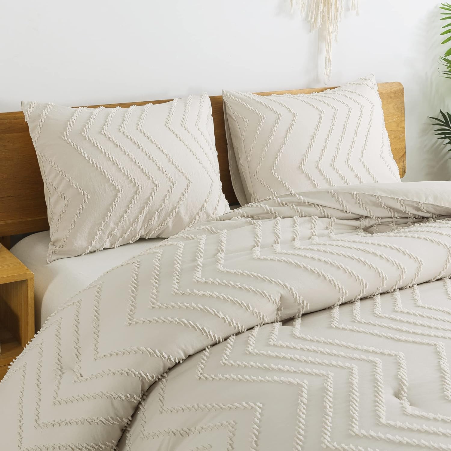 Litanika Juego de edredón de tamaño matrimonial, color beige, bohemio, ligero, esponjoso, juego de ropa de cama para cama, juego de cama de 3 piezas
