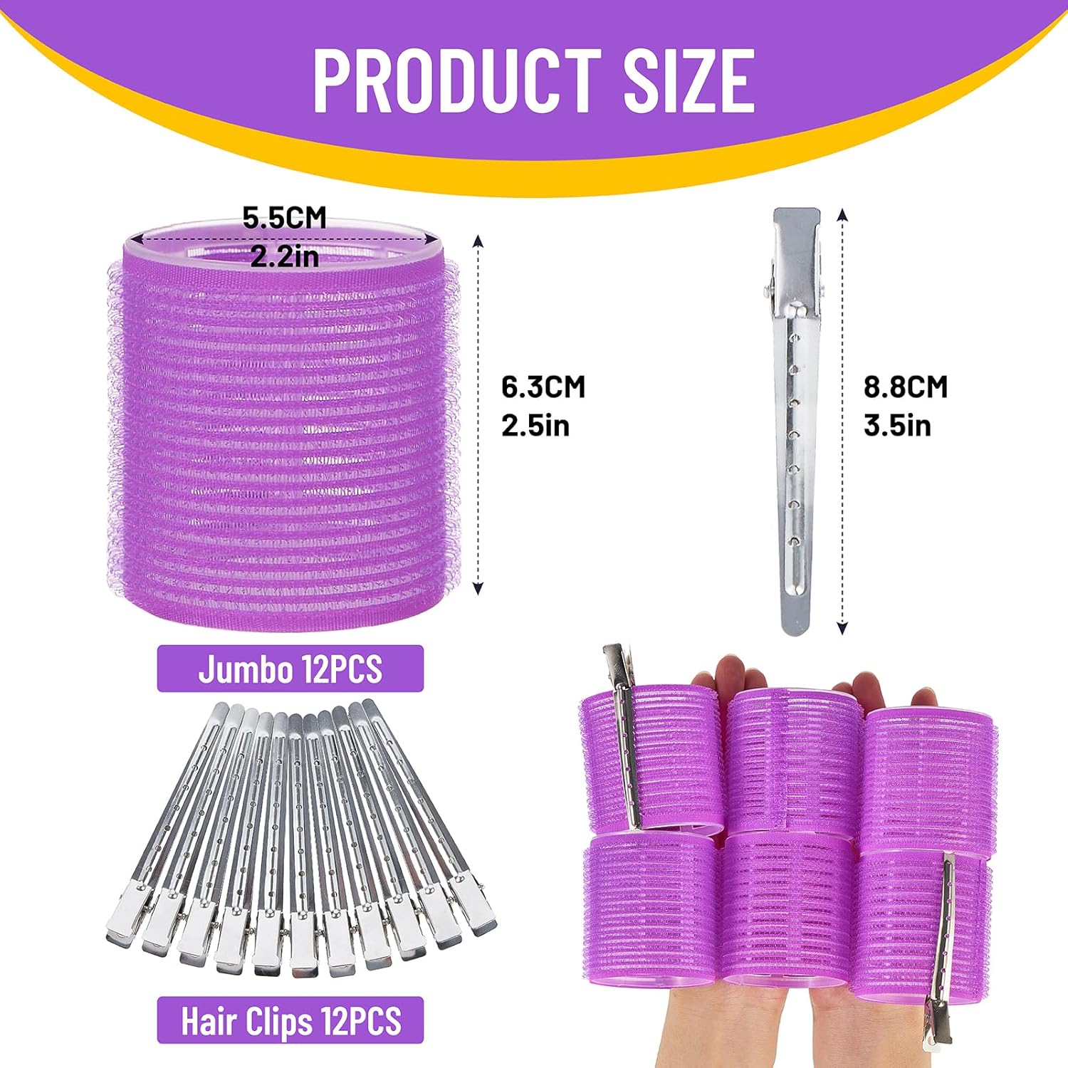 Hair roller set 24PCS, Velcro Rollers Curlers for Long Medium Short Hair, No Heat, Hair-friendly, Natural Effect, Includes 12 Self Grip Rollers &12